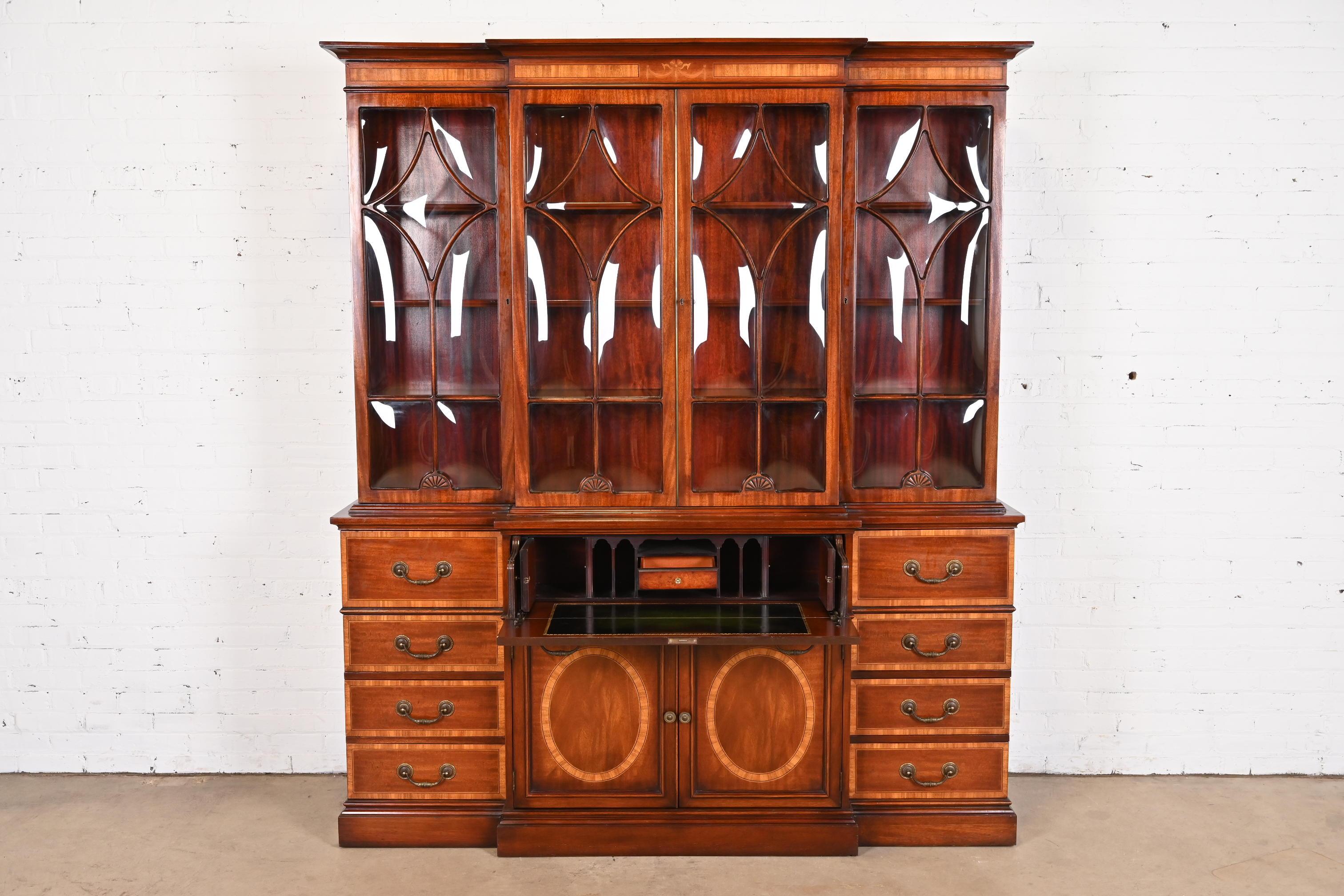 Baker Furniture Style Georgian Inlaid Mahogany Bubble Glass Breakfront Bookcase  3