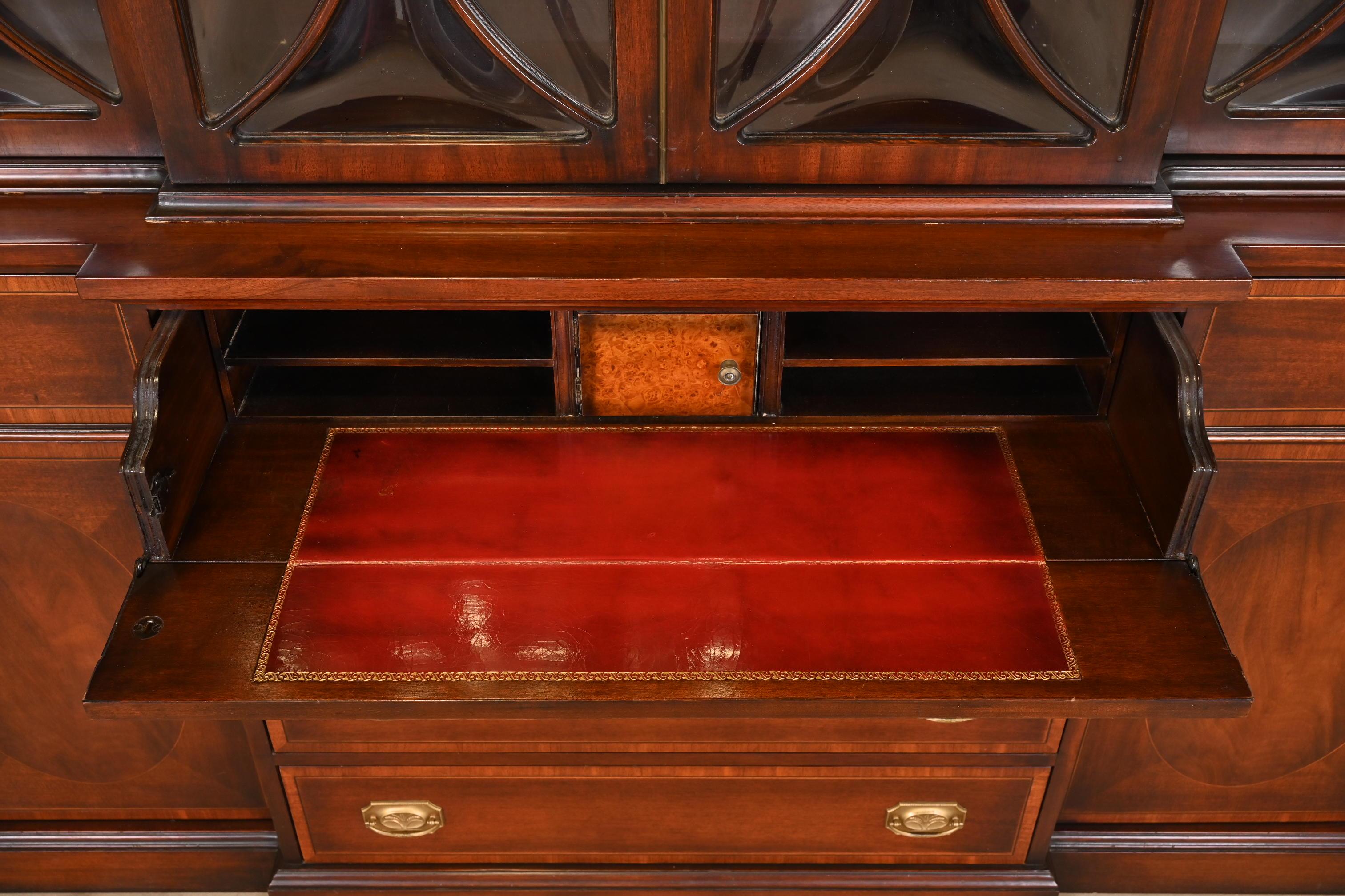 Baker Furniture Style Georgian Inlaid Mahogany Bubble Glass Breakfront Bookcase 6