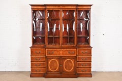 Baker Furniture Style Georgian Inlaid Mahogany Bubble Glass Breakfront Bookcase