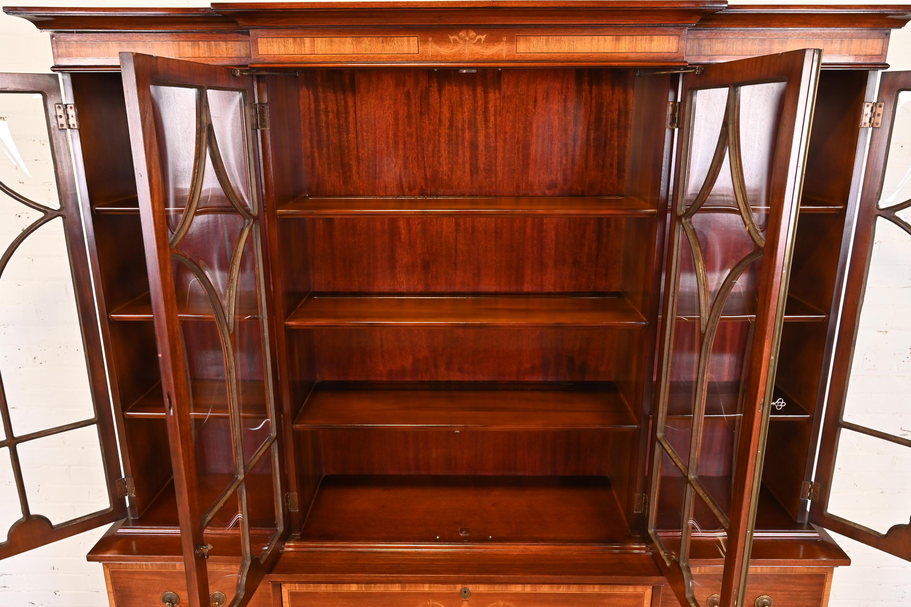 American Baker Furniture Style Georgian Inlaid Mahogany Bubble Glass Breakfront Bookcase 