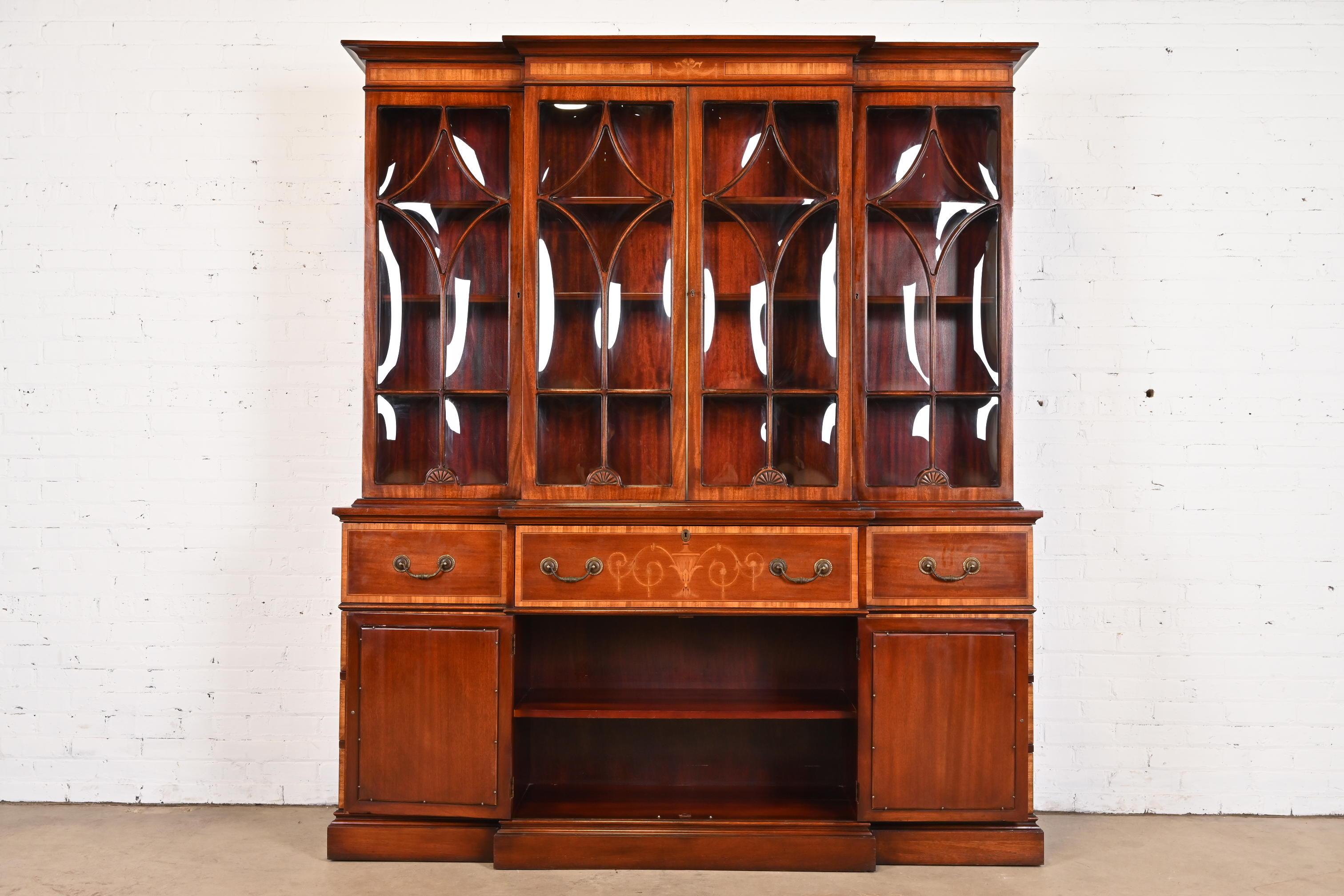 20th Century Baker Furniture Style Georgian Inlaid Mahogany Bubble Glass Breakfront Bookcase 