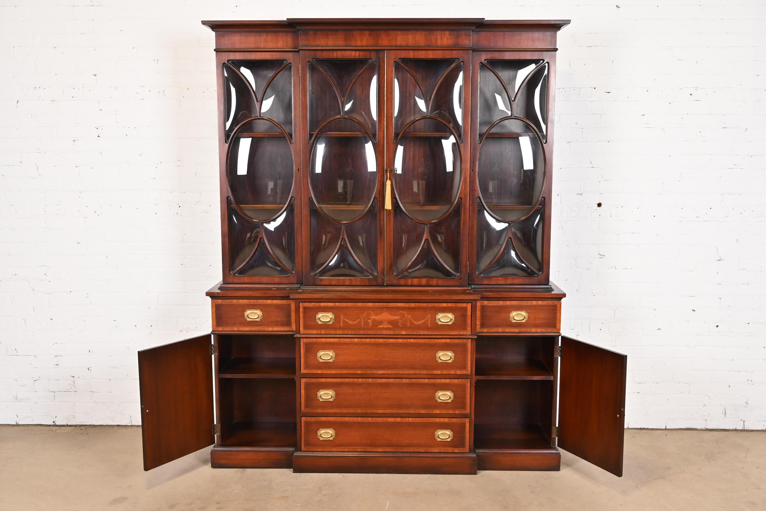 Baker Furniture Style Georgian Inlaid Mahogany Bubble Glass Breakfront Bookcase 2