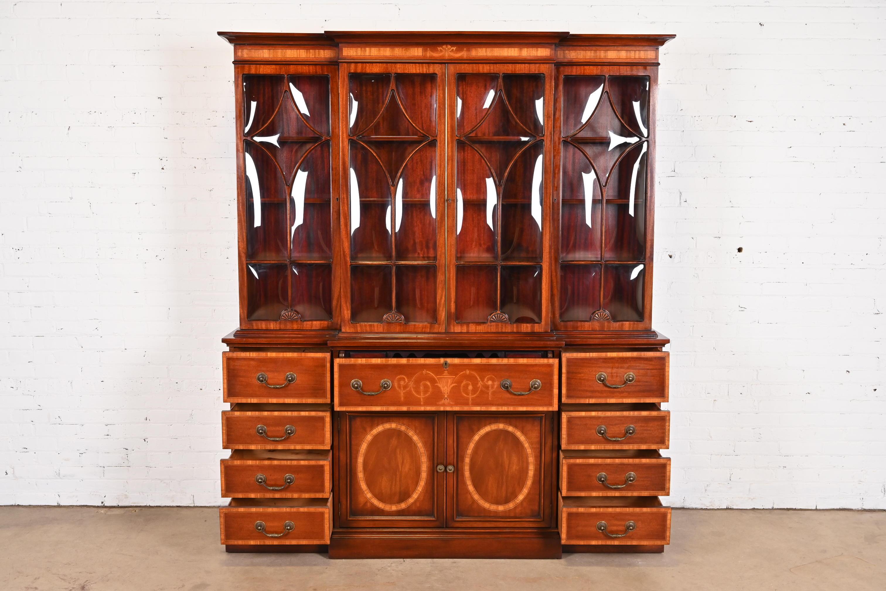 Brass Baker Furniture Style Georgian Inlaid Mahogany Bubble Glass Breakfront Bookcase 