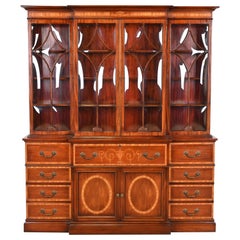 Baker Furniture Style Georgian Inlaid Mahogany Bubble Glass Breakfront Bookcase