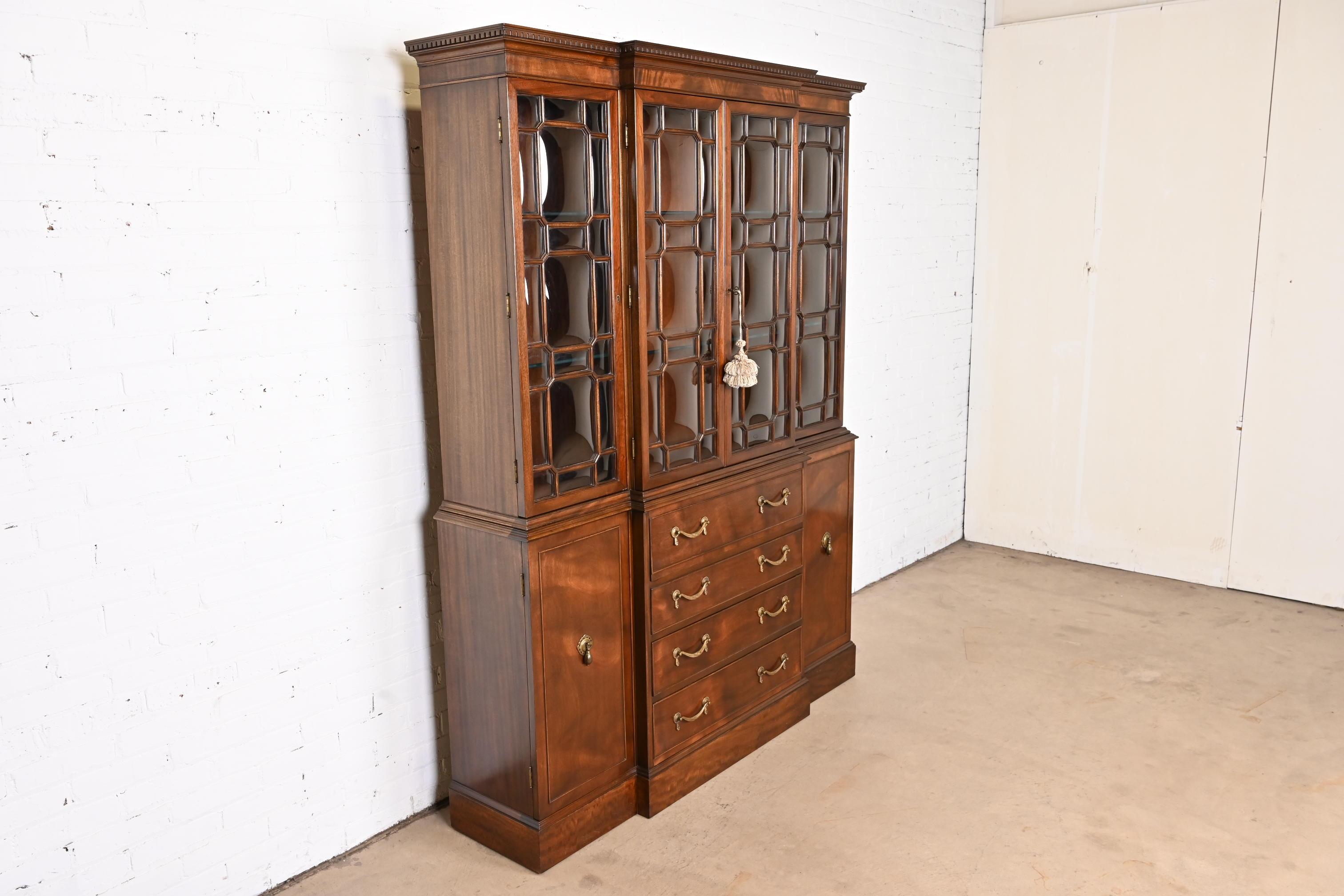 Brass Baker Furniture Style Georgian Mahogany Breakfront Bookcase with Secretary Desk