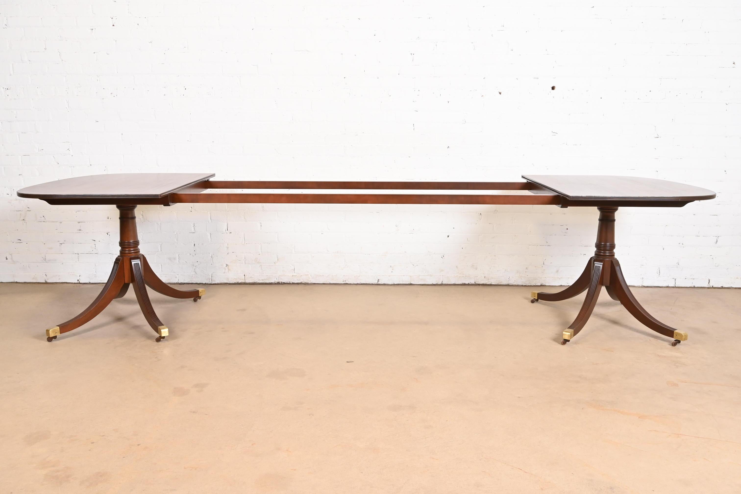Brass Baker Furniture Style Georgian Mahogany Double Pedestal Dining Table, Refinished