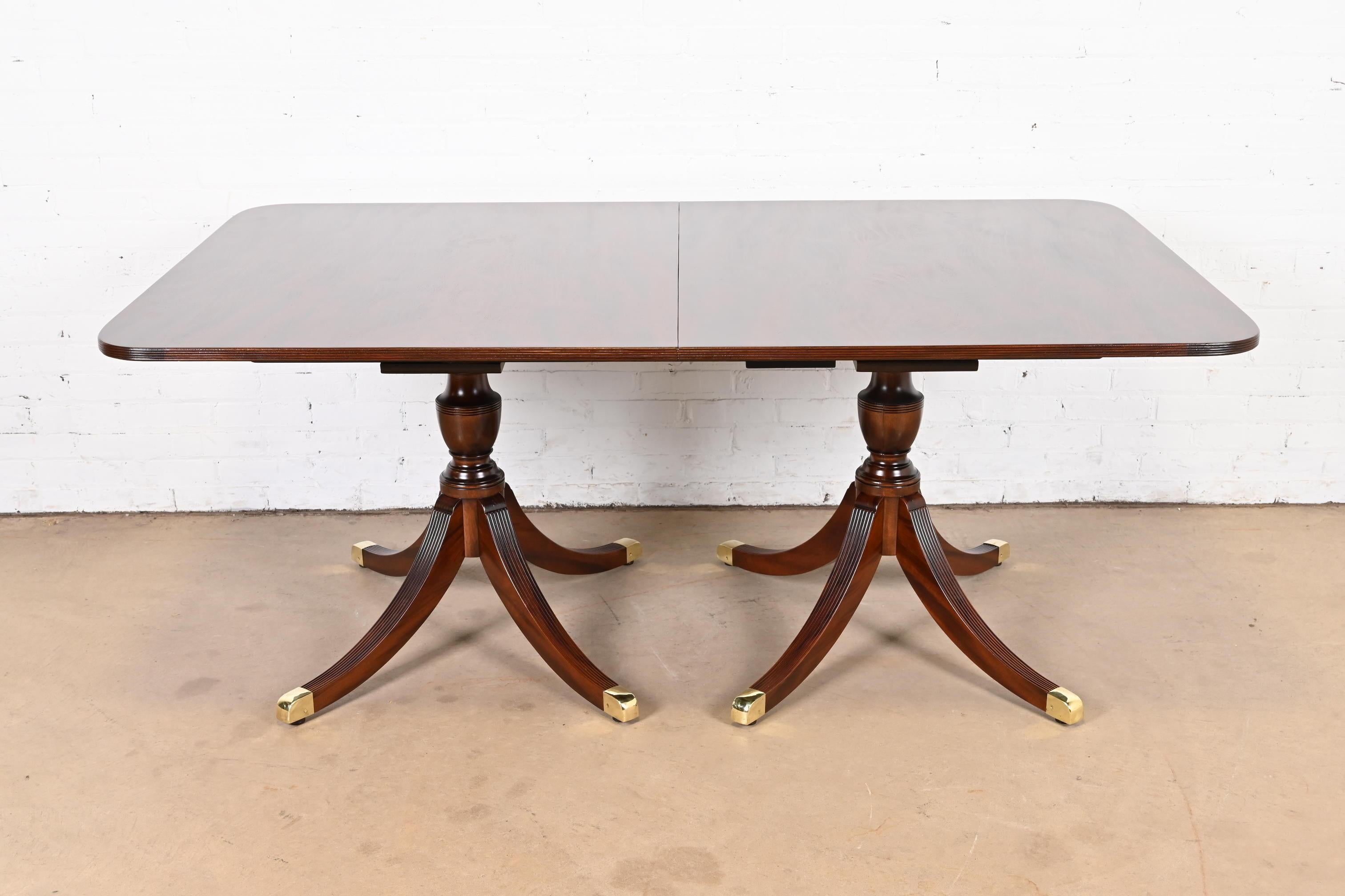 Brass Baker Furniture Style Georgian Mahogany Double Pedestal Dining Table, Refinished