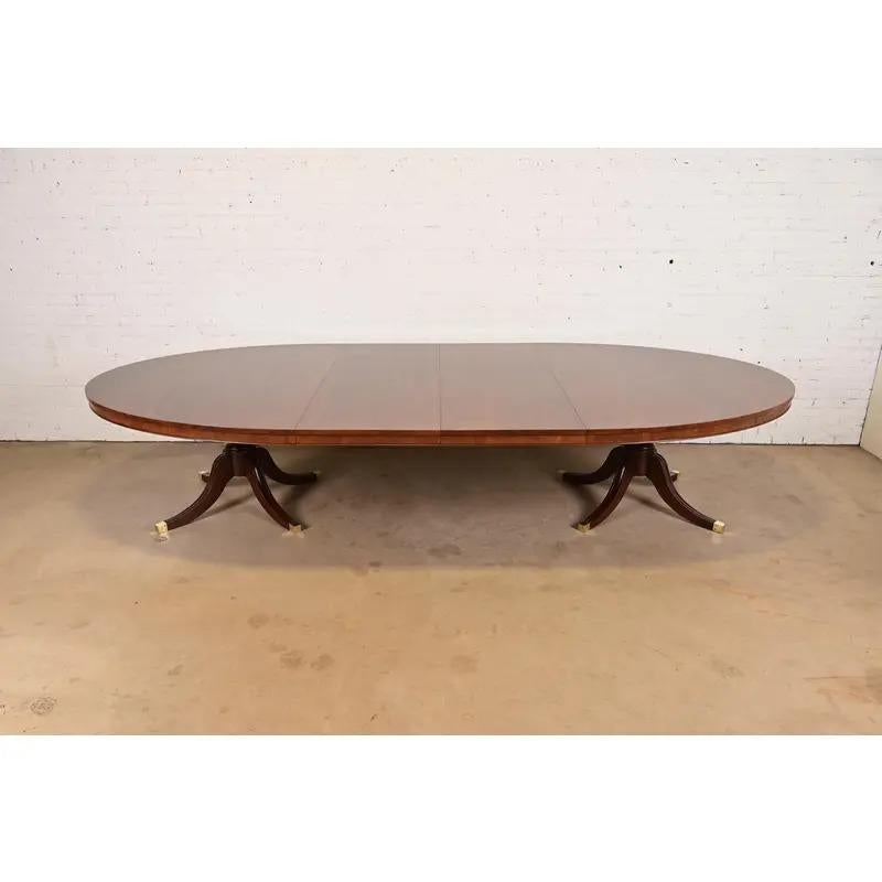An exceptional Georgian or Regency style monumental oval double pedestal extension dining table, banquet table, or conference table

In the manner of Baker Furniture

By Stephen Hunter Fine English Furniture

England, Circa Late 20th