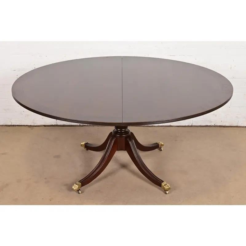 Un eccezionale tavolo da pranzo allungabile con piedistallo in stile Georgiano o Regency

Alla maniera di Baker Furniture

USA, circa anni '1960

Splendido mogano, con fasce in palissandro e piedistallo in mogano massiccio intagliato con piedini a