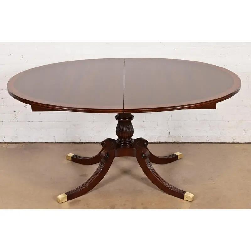 Un eccezionale tavolo da pranzo allungabile con piedistallo in stile Georgiano o Regency

Alla maniera di Baker Furniture

USA, circa anni '1980

Bellissimo piano in mogano a fasce, con piedistalli intagliati e piedi rivestiti in ottone.

Misure: 60