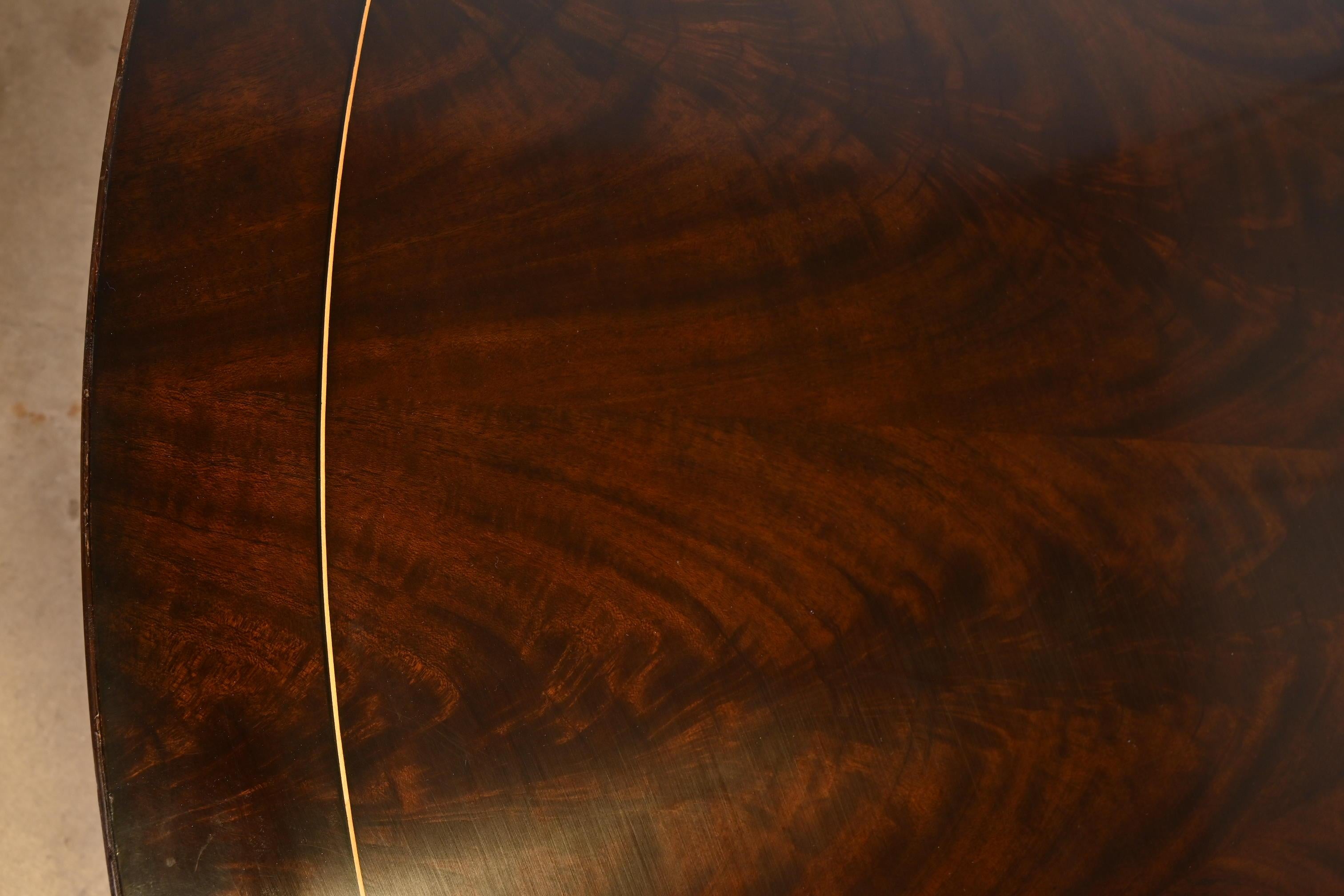 Brass Baker Furniture Style Georgian Starburst Flame Mahogany Pedestal Round Table