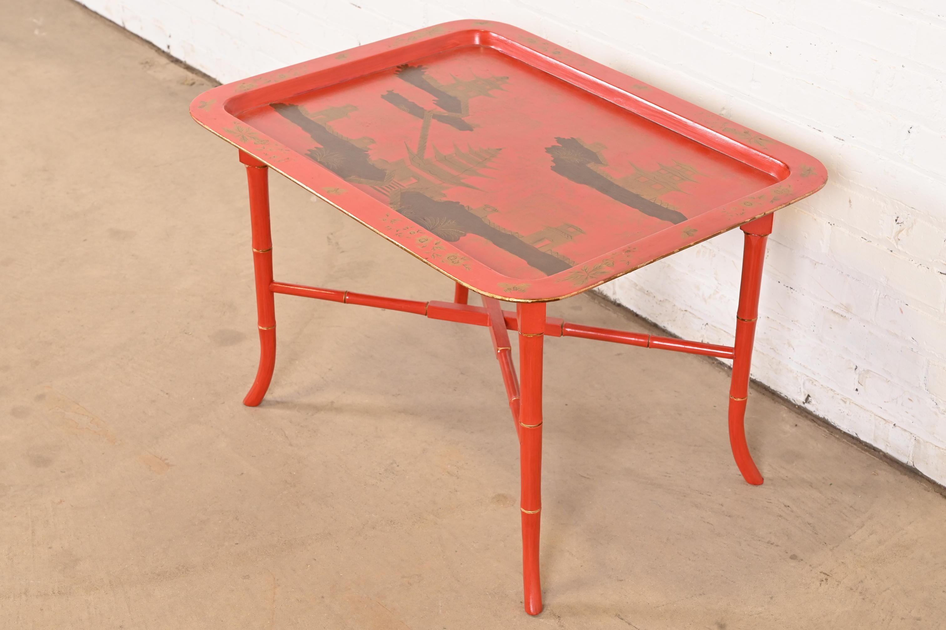 American Baker Furniture Style Hollywood Regency Chinoiserie Faux Bamboo Coffee Table For Sale