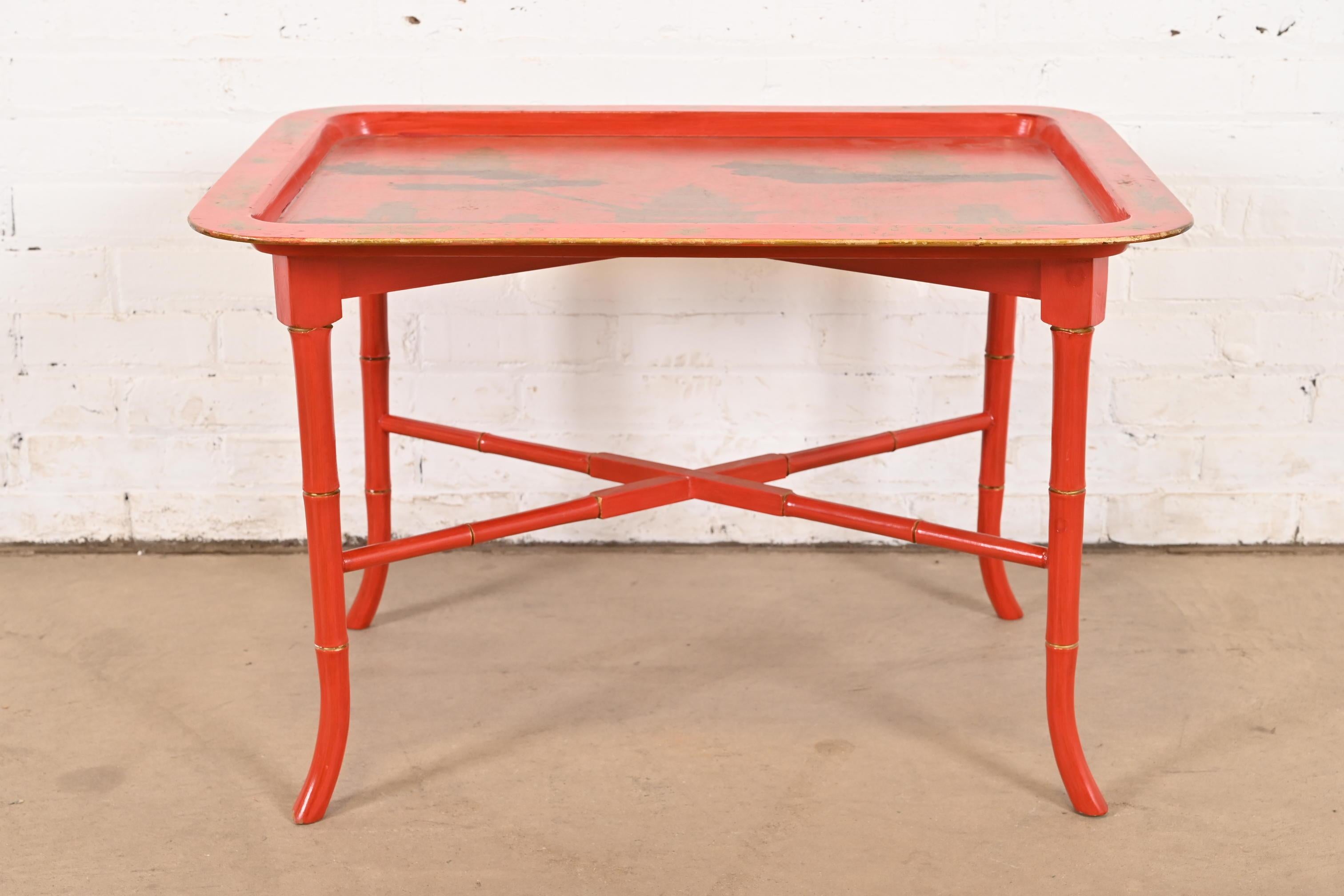 Baker Furniture Style Hollywood Regency Chinoiserie Faux Bamboo Coffee Table In Good Condition For Sale In South Bend, IN