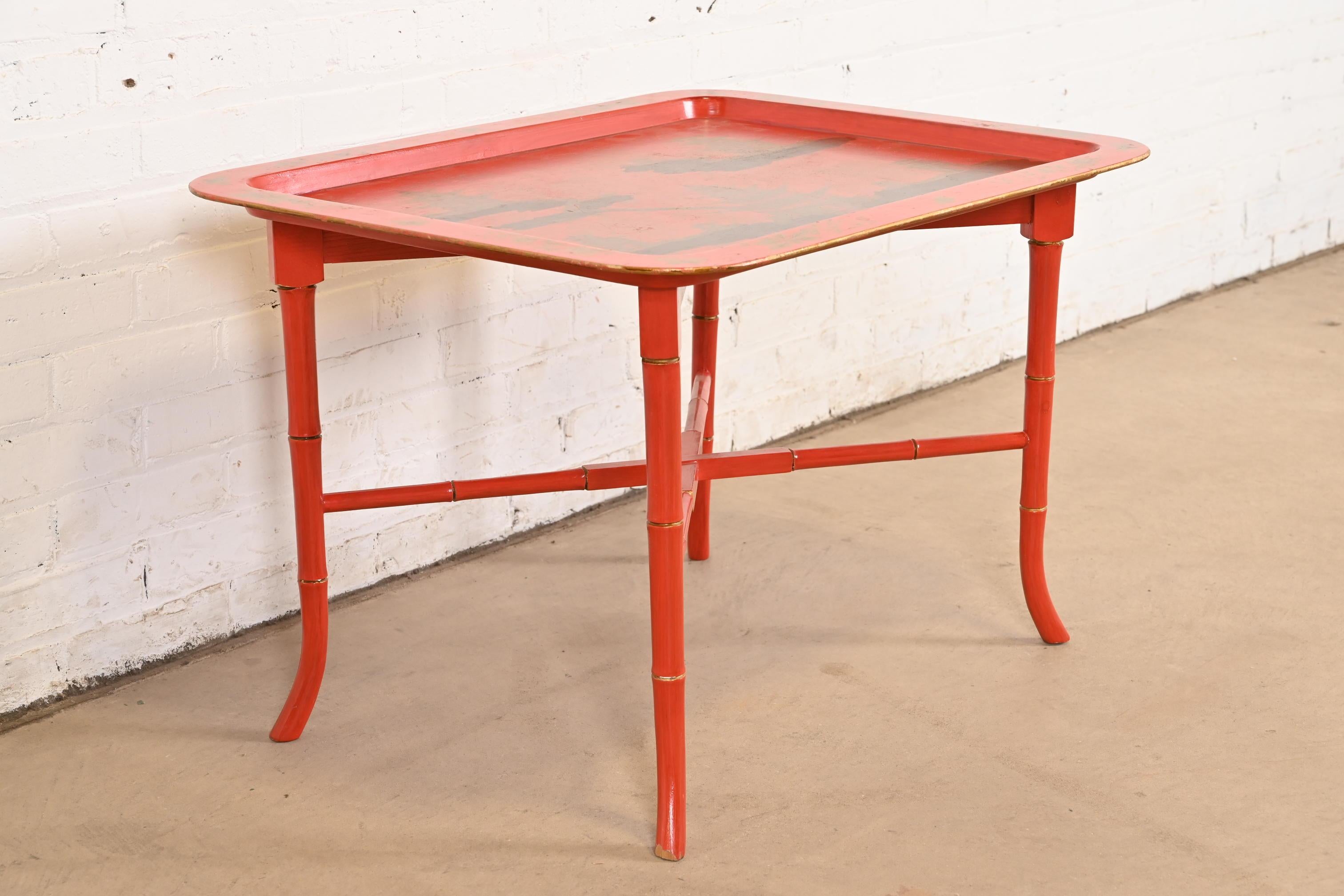 Mid-20th Century Baker Furniture Style Hollywood Regency Chinoiserie Faux Bamboo Coffee Table For Sale