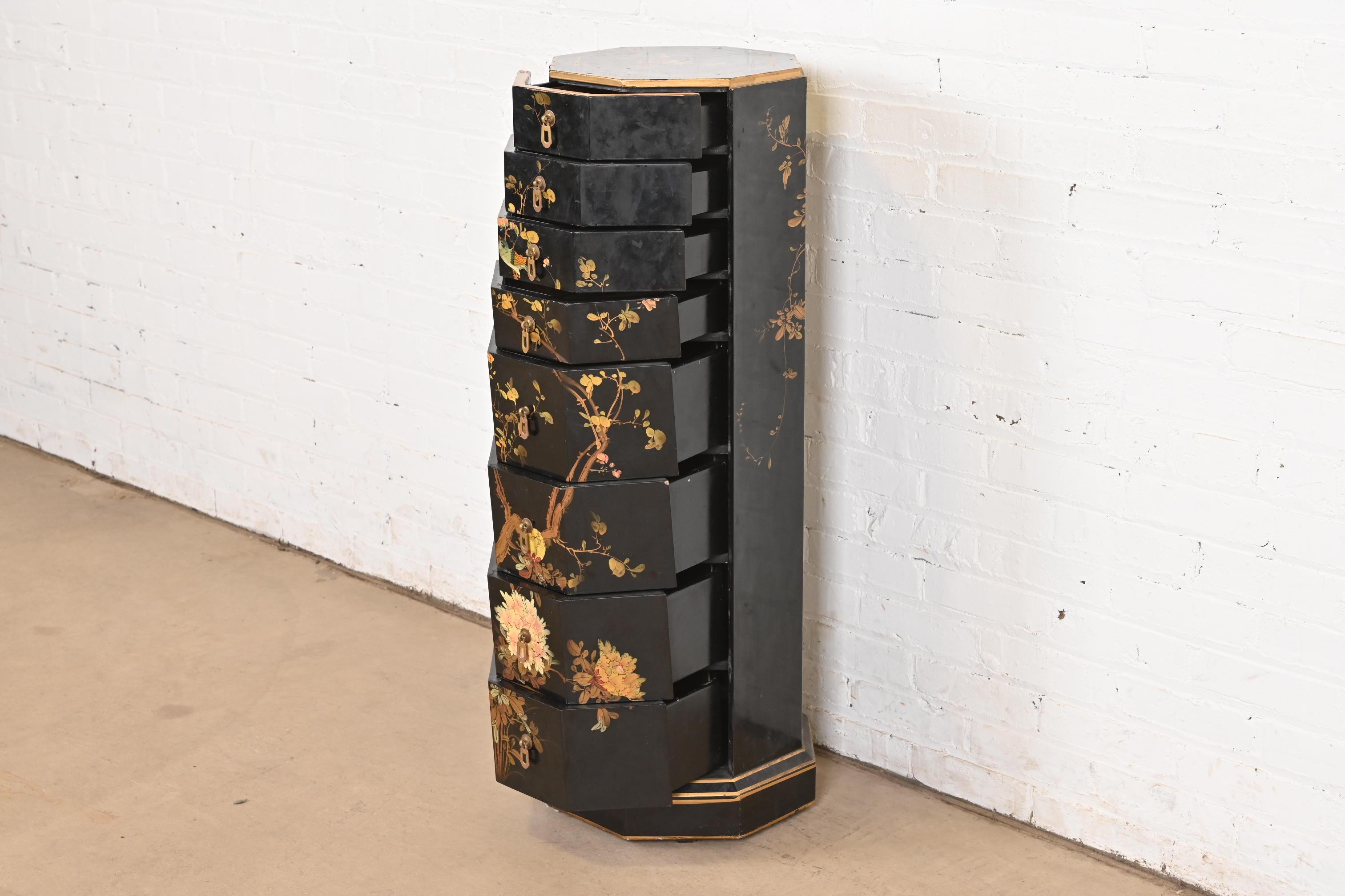 Brass Baker Furniture Style Hollywood Regency Chinoiserie Hand Painted Lingerie Chest