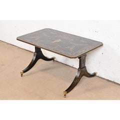 Baker Furniture Style Italian Regency Hand Painted Black Lacquered Coffee Table