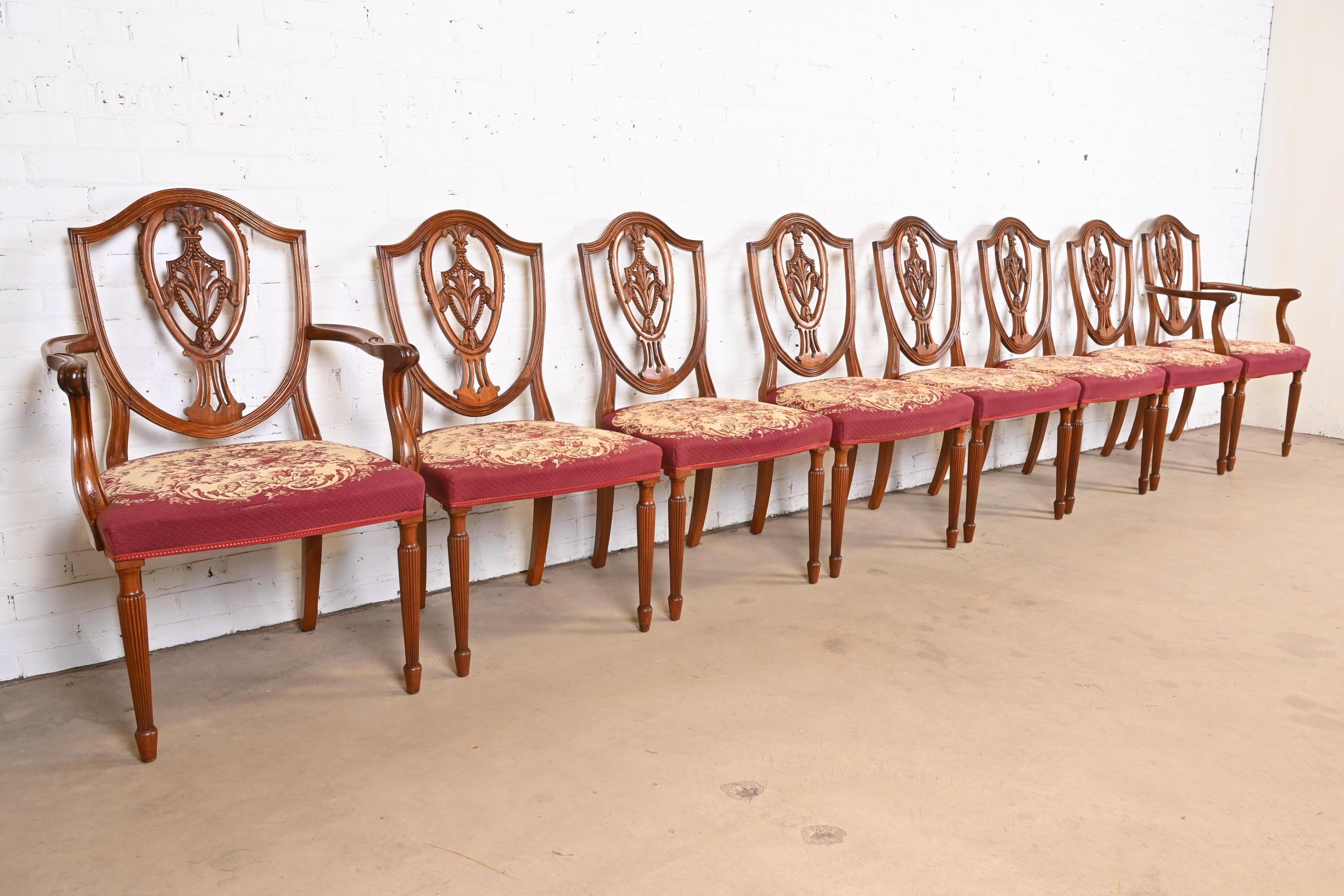 Upholstery Baker Furniture Style Louis XVI Mahogany Shield Back Dining Chairs, Set of Eight For Sale