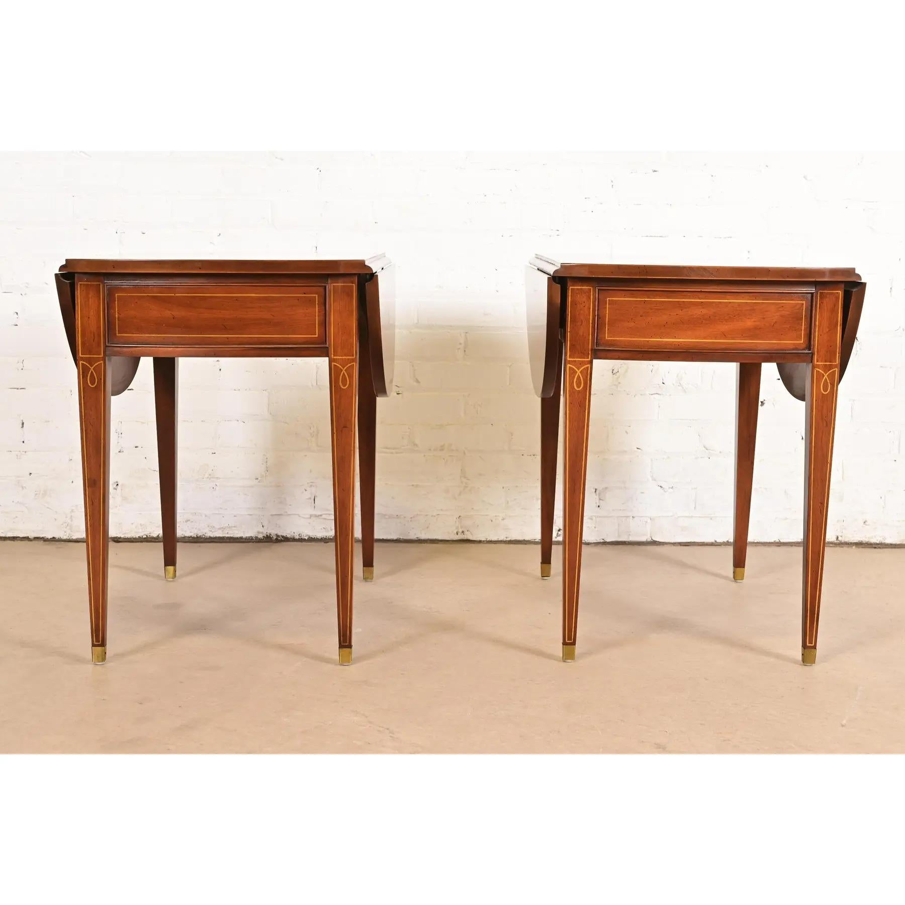 Baker Furniture Style Mahogany Drop Leaf Pembroke Side Tables, Pair For Sale 6