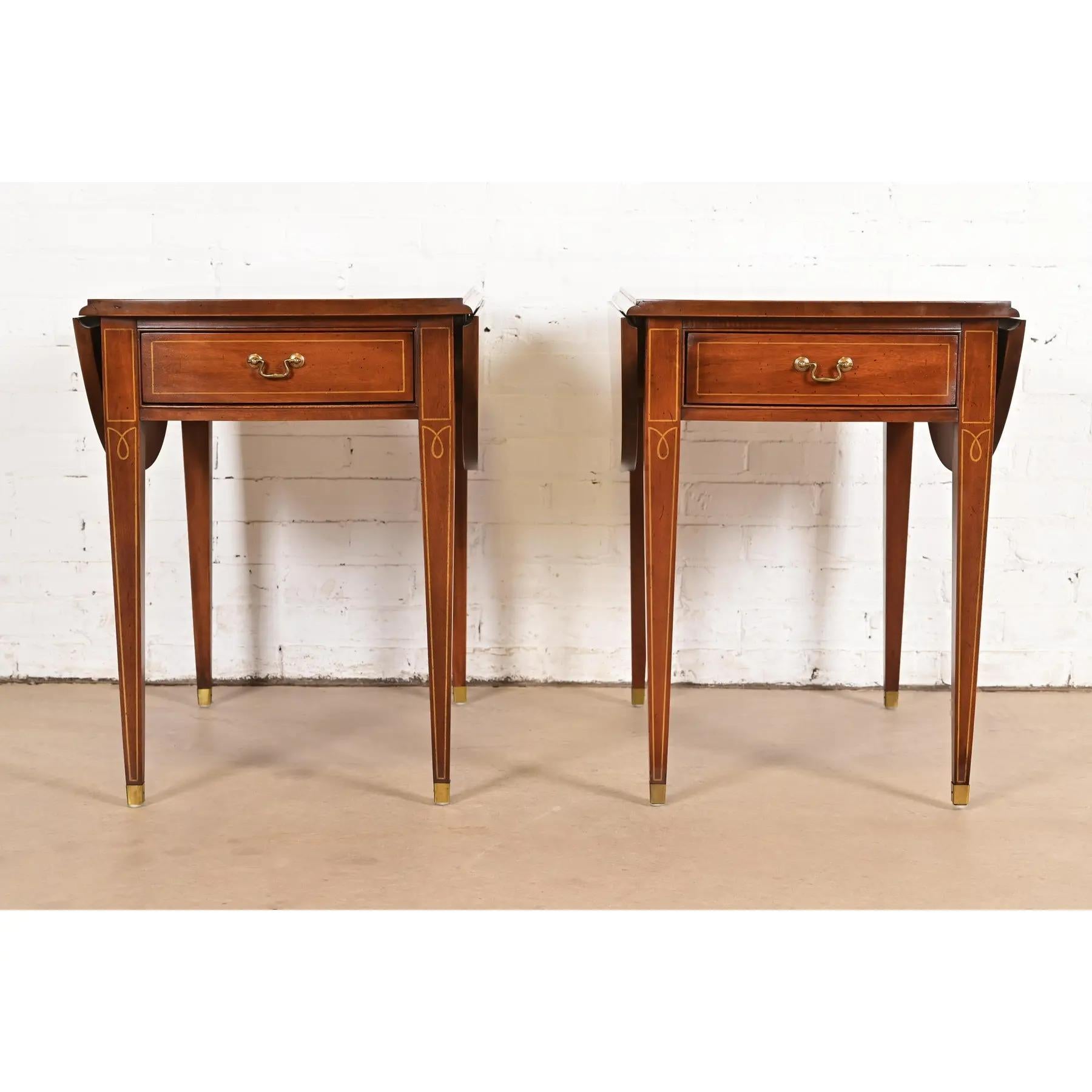 American Baker Furniture Style Mahogany Drop Leaf Pembroke Side Tables, Pair For Sale