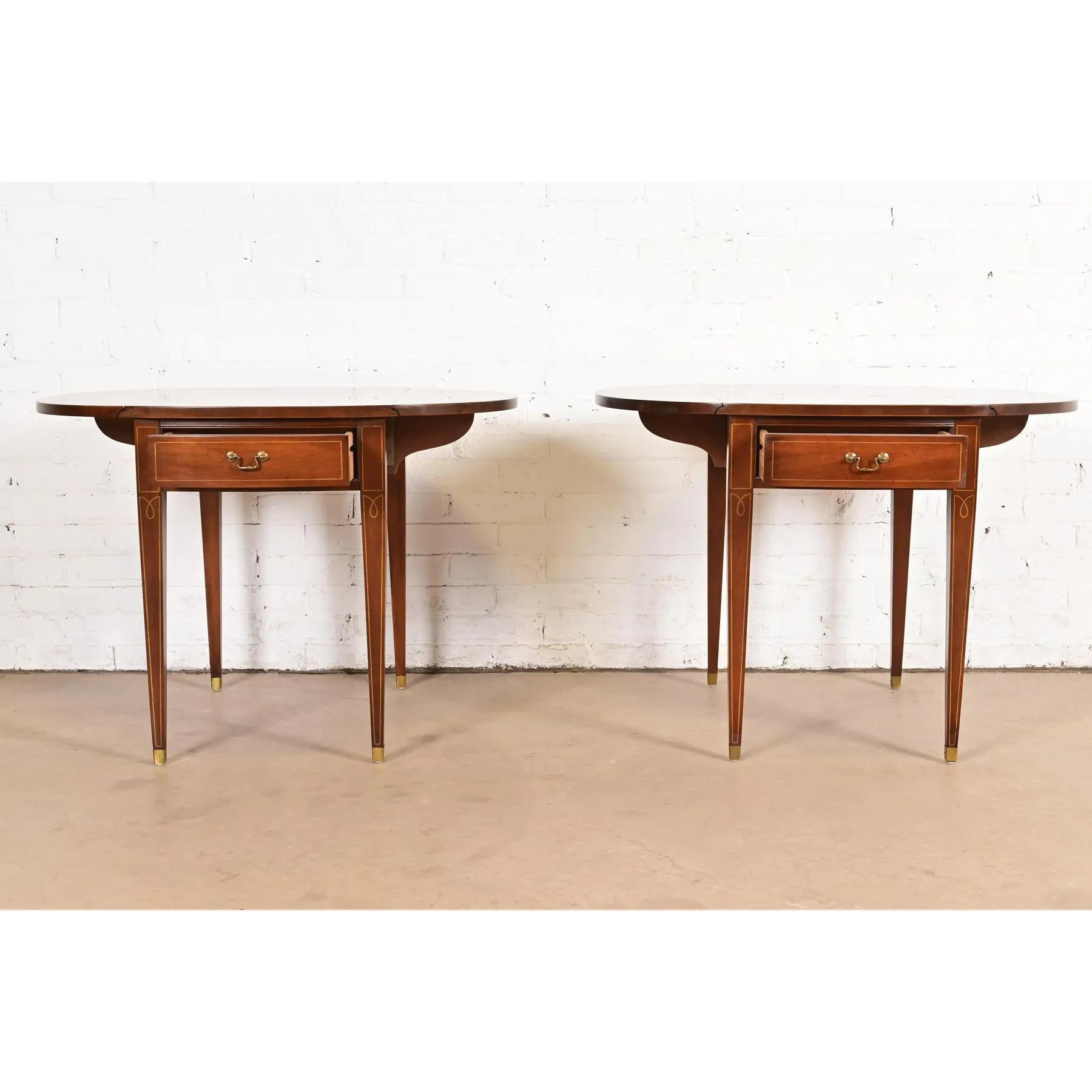 Late 20th Century Baker Furniture Style Mahogany Drop Leaf Pembroke Side Tables, Pair For Sale