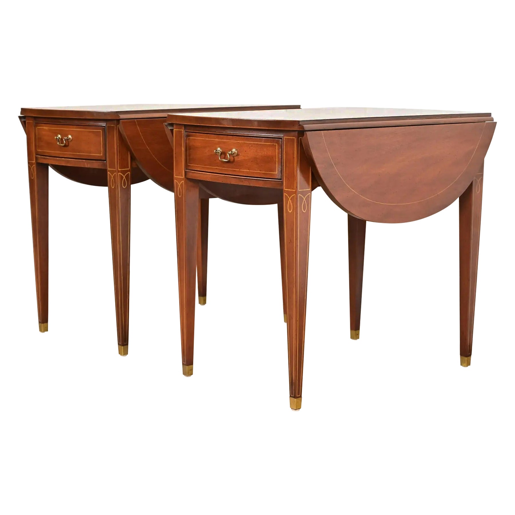 Baker Furniture Style Mahogany Drop Leaf Pembroke Side Tables, Pair For Sale