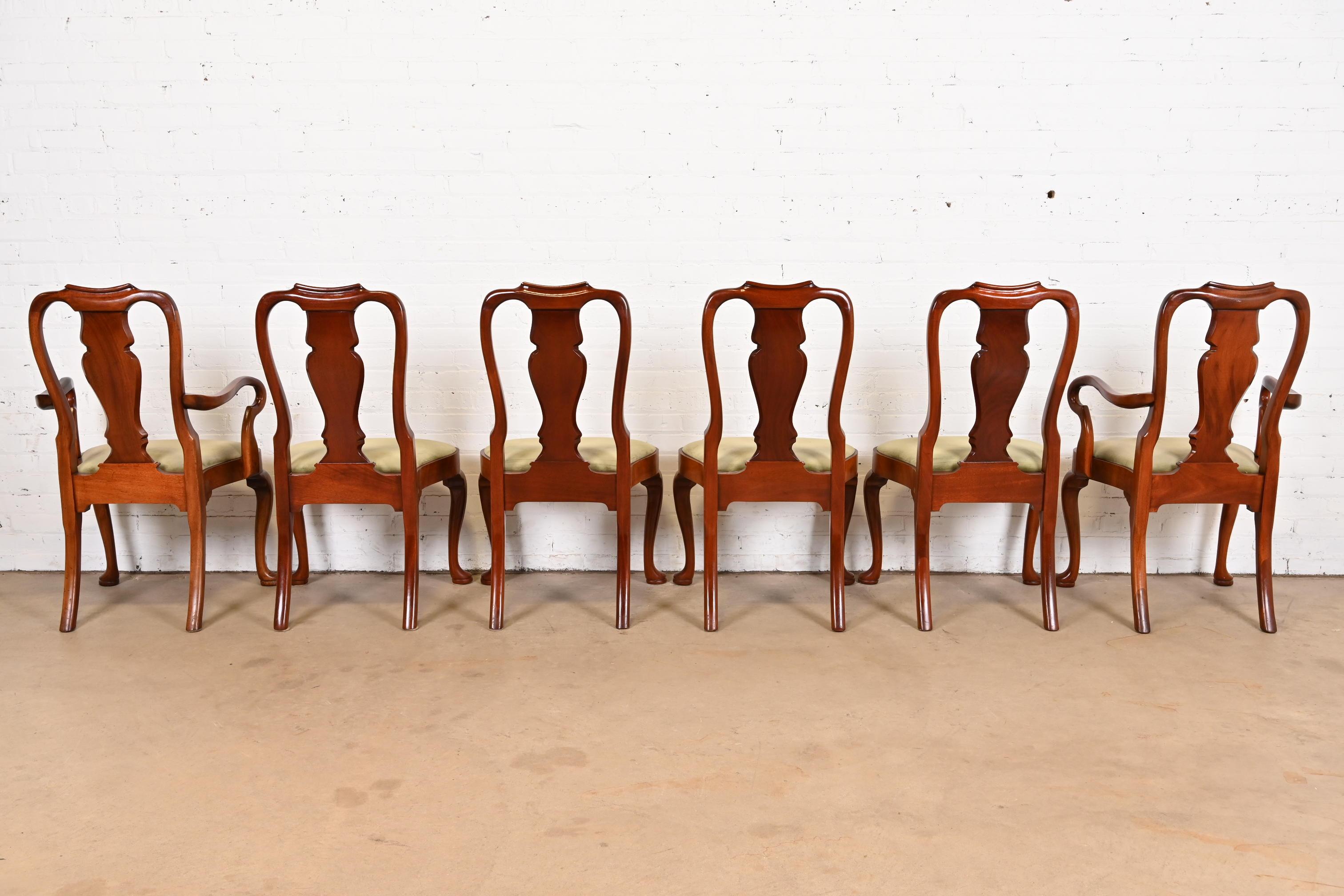 Upholstery Baker Furniture Style Queen Anne Carved Mahogany Dining Chairs, Set of Six For Sale