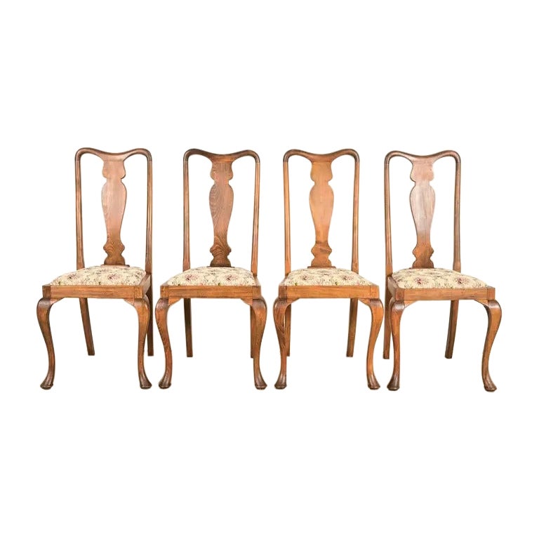 Baker Furniture Style Queen Anne Solid Oak Dining Chairs, Set of Four