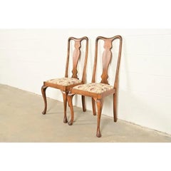 Baker Furniture Style Queen Anne Solid Oak Side Chairs or Dining Chairs, Pair
