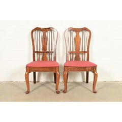 Baker Furniture Style Queen Anne Solid Walnut Side Chairs or Dining Chairs, Pair