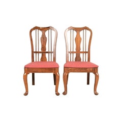 Baker Furniture Style Queen Anne Solid Walnut Side Chairs or Dining Chairs, Pair