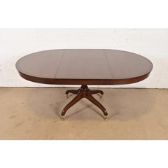 Baker Furniture Style Regency Banded Cherry Wood Pedestal Extension Dining Table