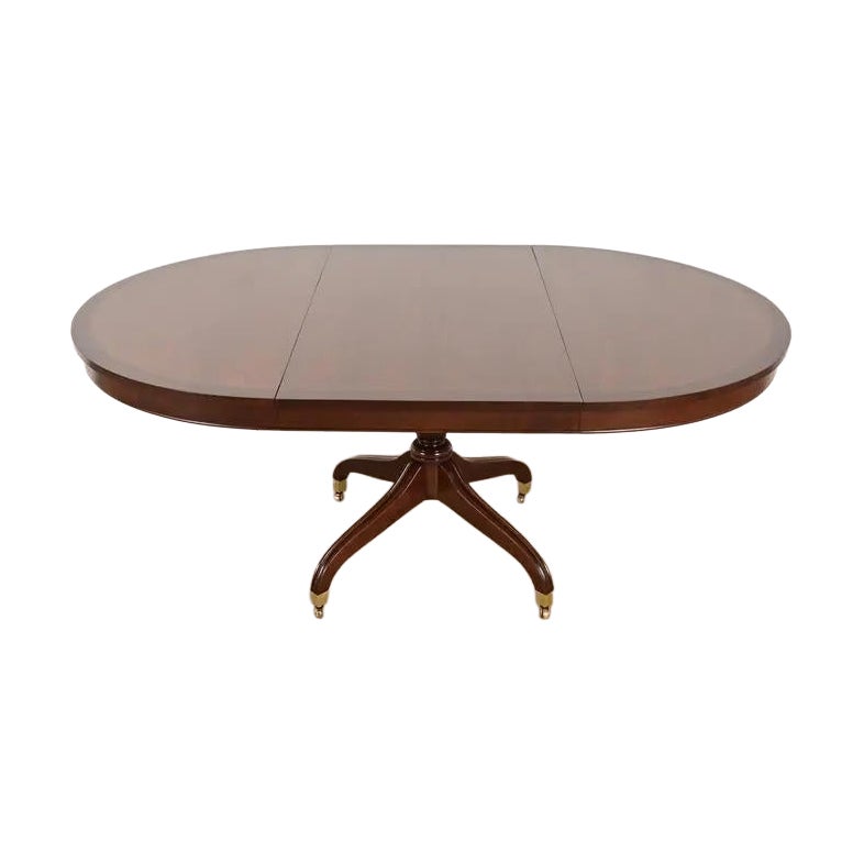 Baker Furniture Style Regency Banded Cherry Wood Pedestal Extension Dining Table For Sale
