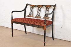 Baker Furniture Style Regency Black Lacquered Hand Painted Bench or Settee