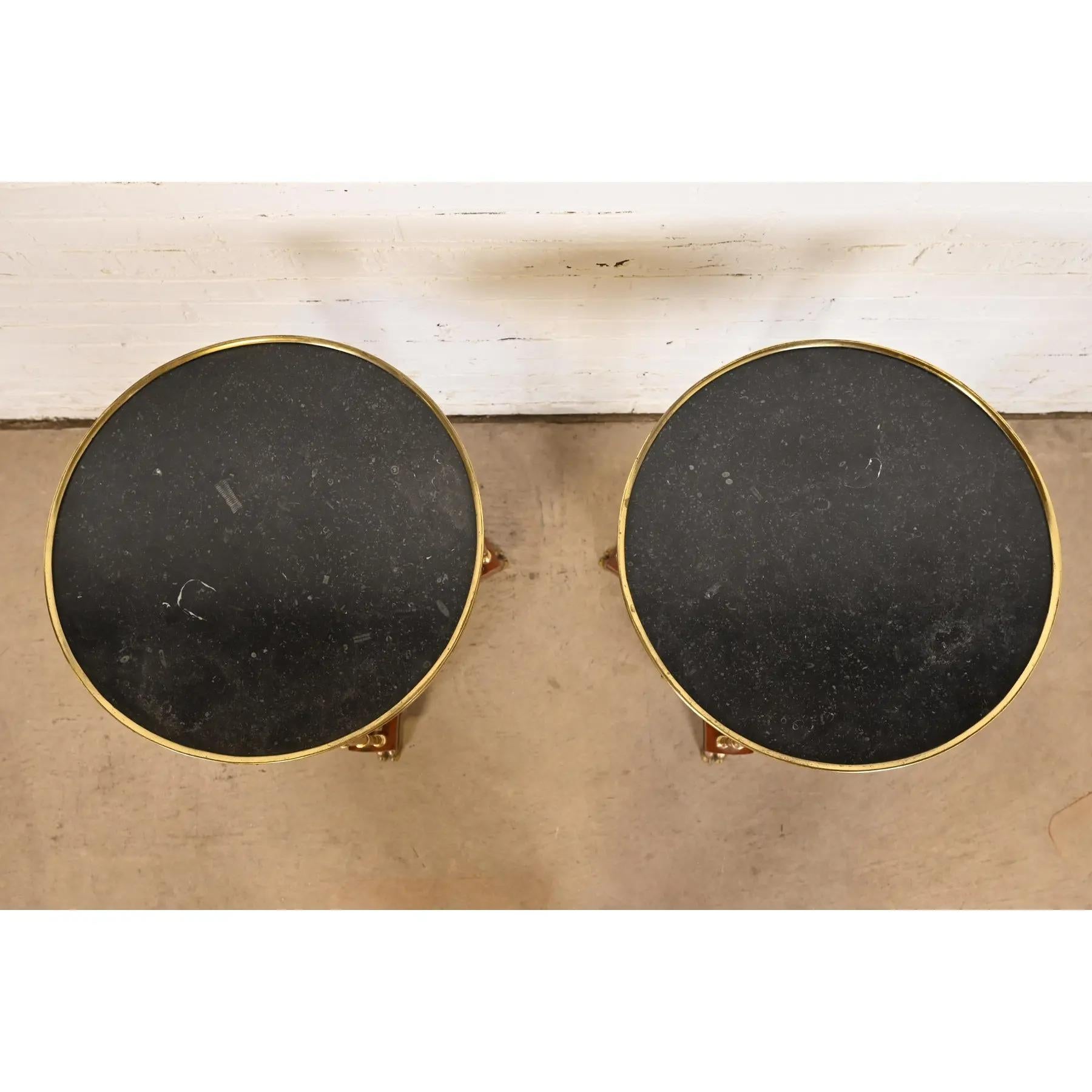 Baker Furniture Style Regency Burl Wood & Brass Marble Top Guéridon Side Tables For Sale 2