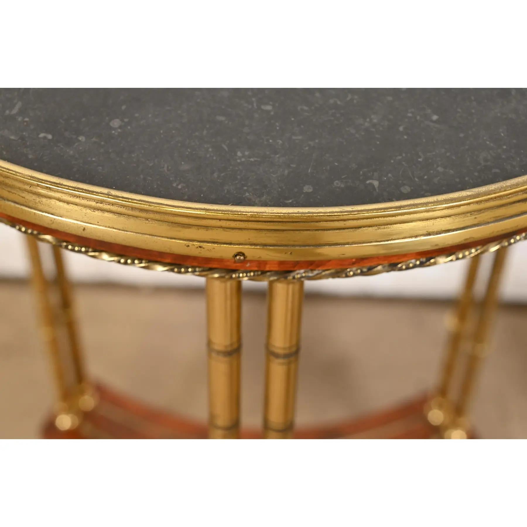 Baker Furniture Style Regency Burl Wood & Brass Marble Top Guéridon Side Tables For Sale 3