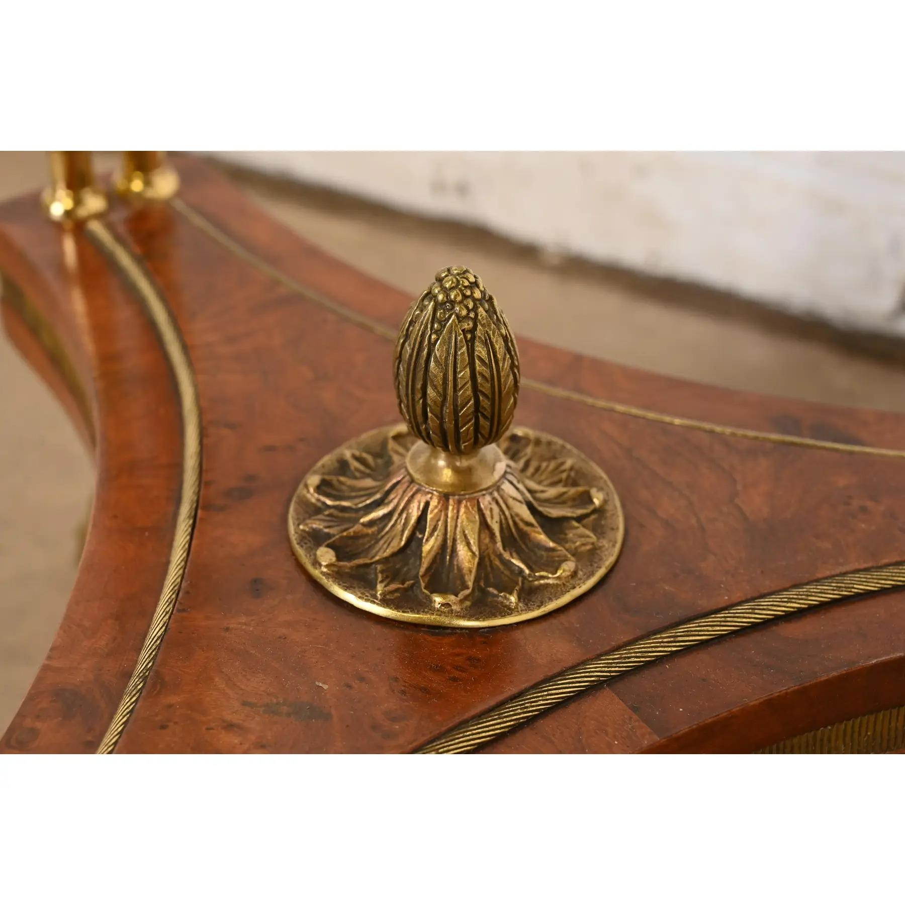 Baker Furniture Style Regency Burl Wood & Brass Marble Top Guéridon Side Tables For Sale 4