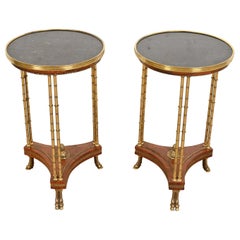 Baker Furniture Style Regency Burl Wood & Brass Marble Top Guéridon Side Tables