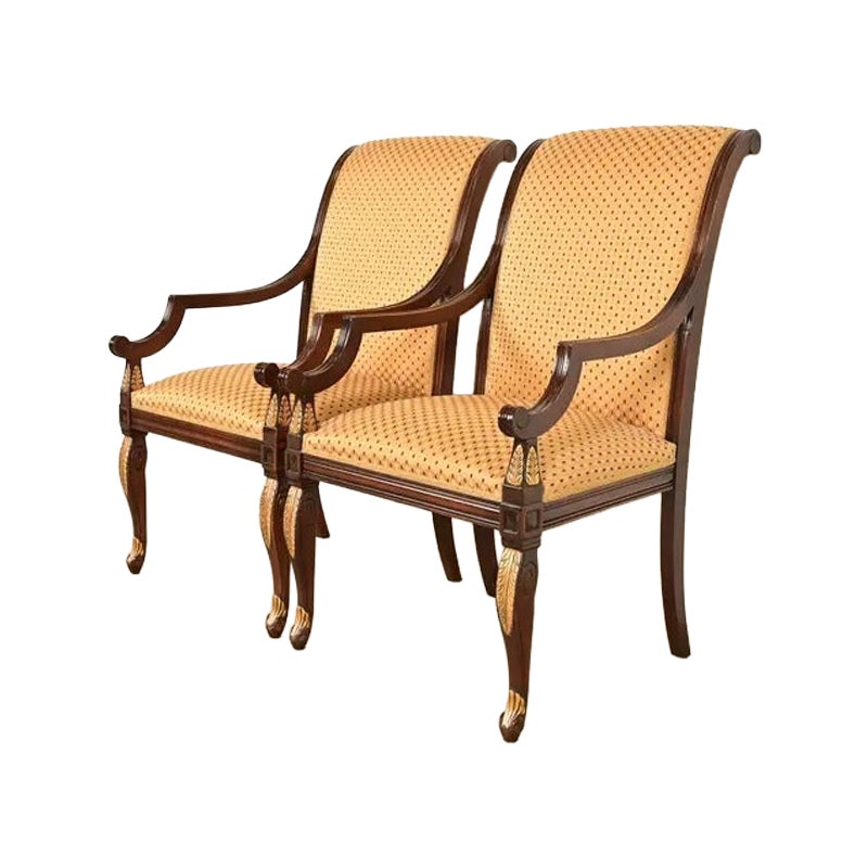 Baker Furniture Style Regency Carved Mahogany and Gold Gilt Armchairs, Pair