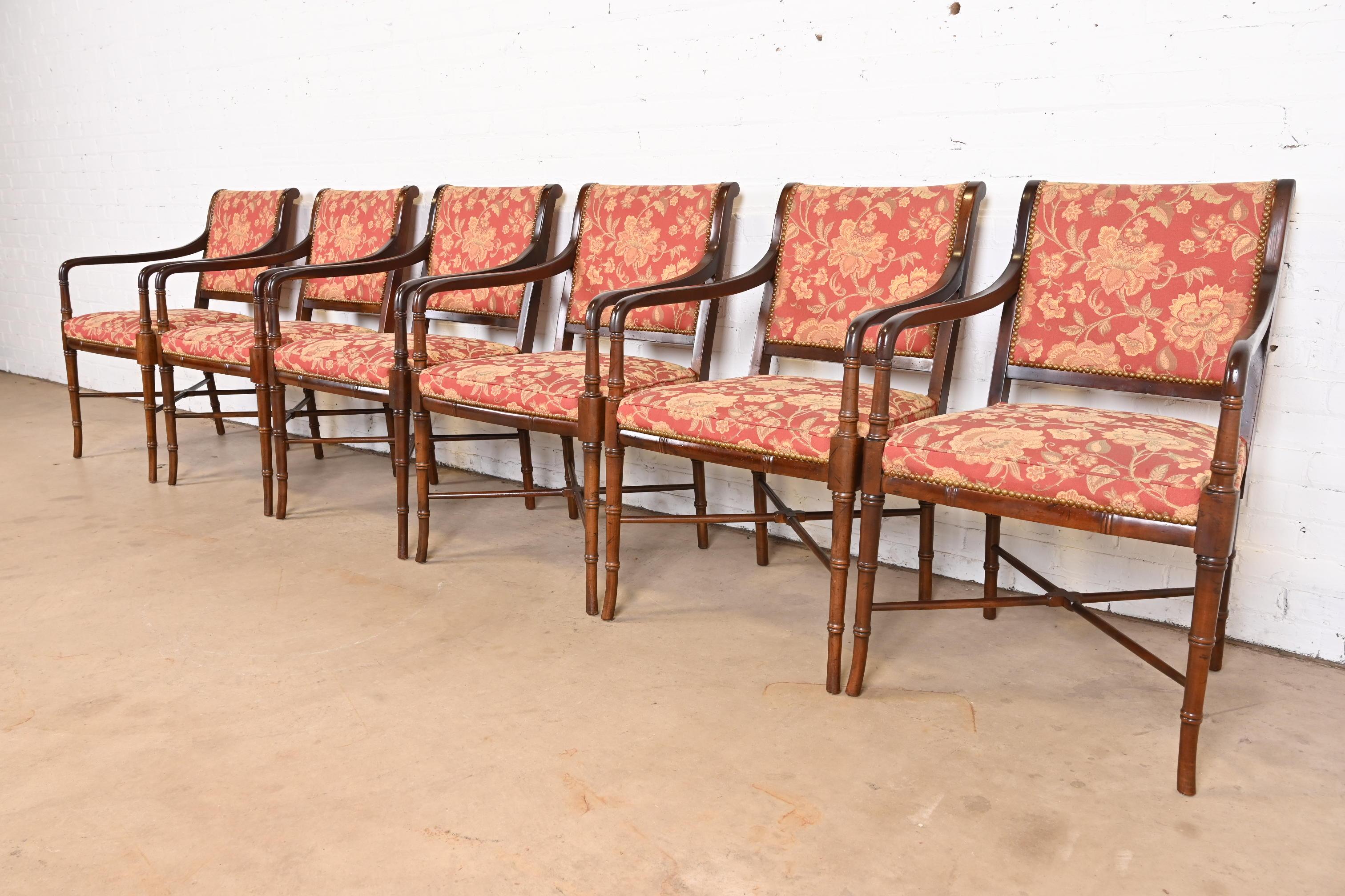 Baker Furniture Style Regency Carved Walnut Faux Bamboo Dining Armchairs, Six In Good Condition For Sale In South Bend, IN