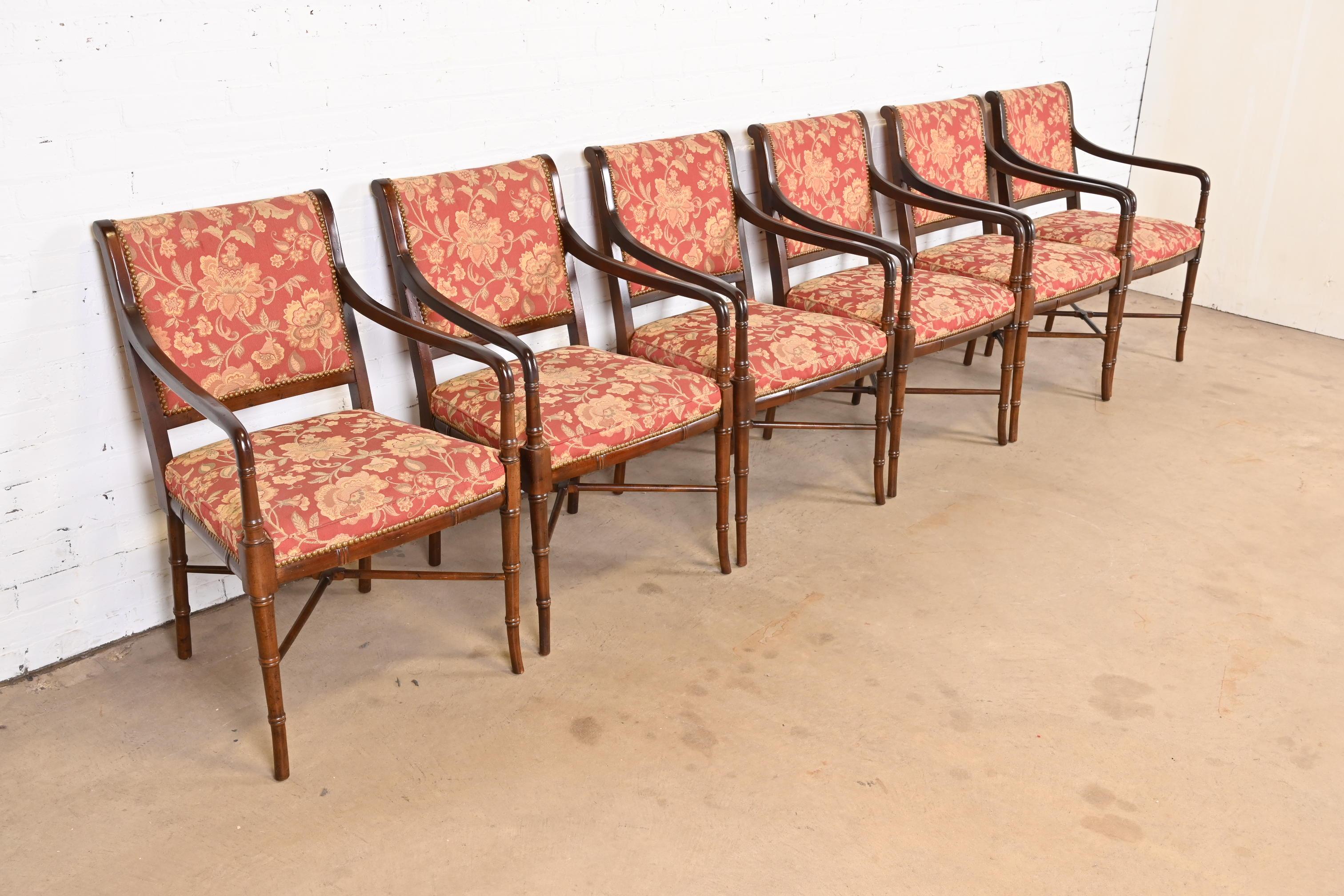 20th Century Baker Furniture Style Regency Carved Walnut Faux Bamboo Dining Armchairs, Six For Sale