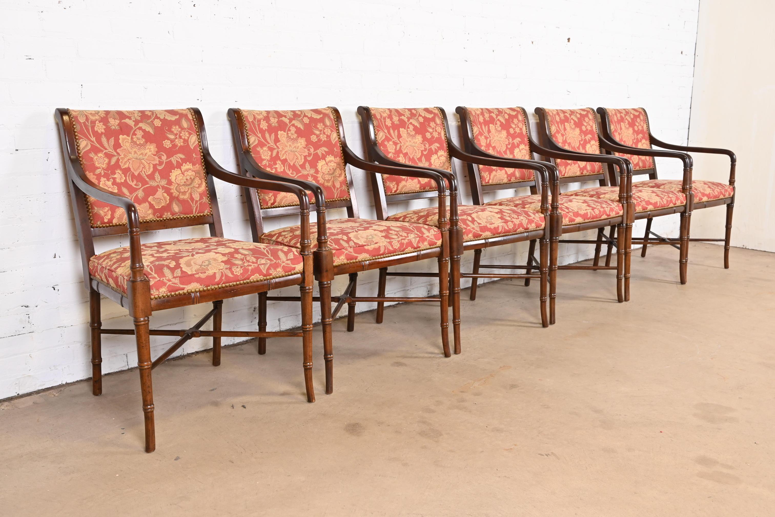 Brass Baker Furniture Style Regency Carved Walnut Faux Bamboo Dining Armchairs, Six For Sale