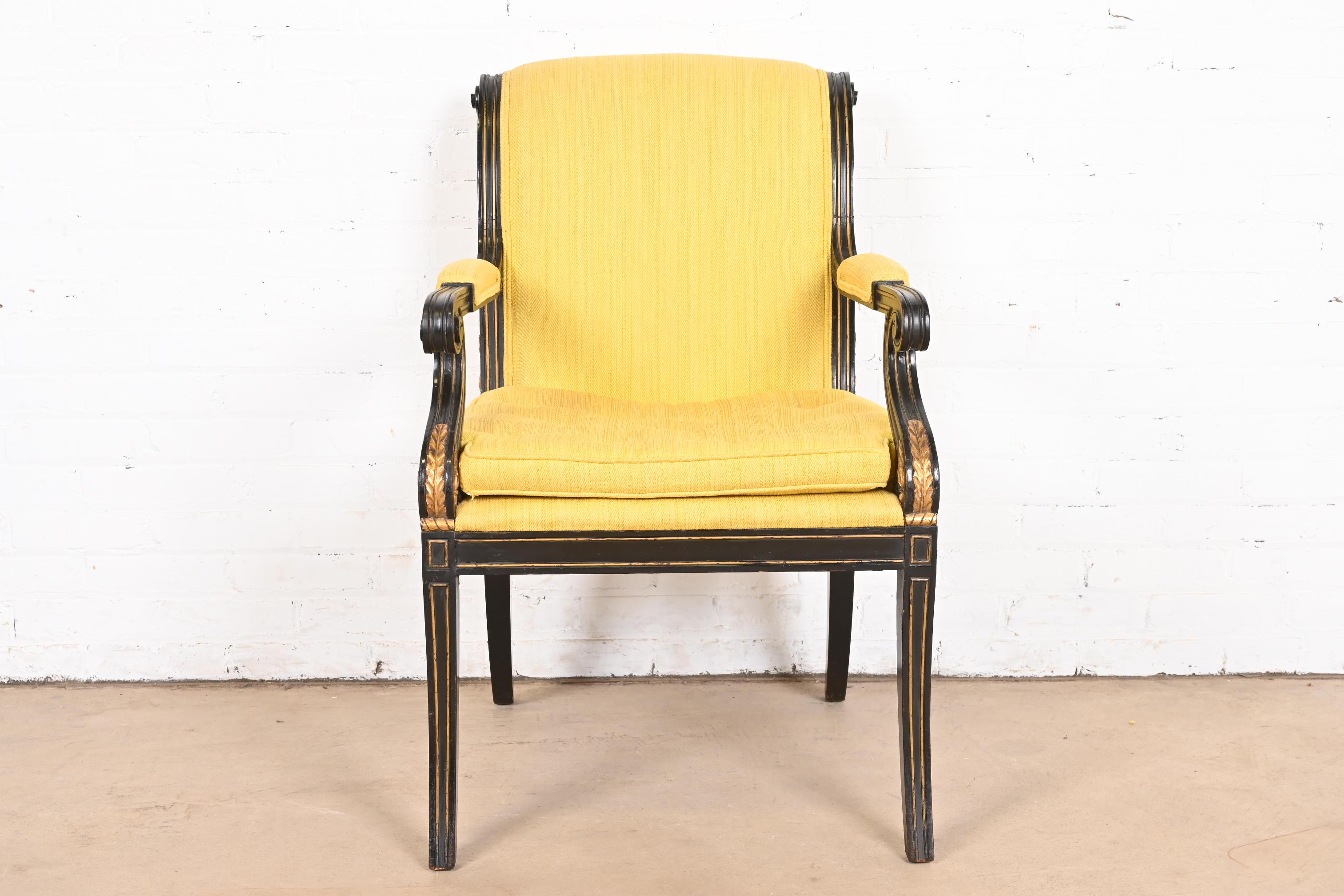 Baker Furniture Style Regency Ebonized and Gold Gilt Armchair In Good Condition For Sale In South Bend, IN