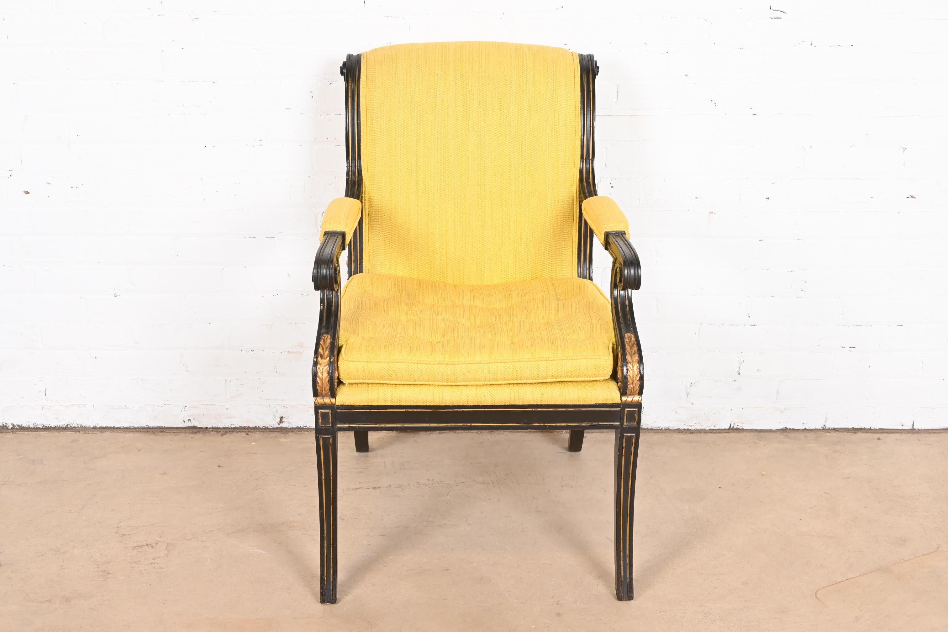 Mid-20th Century Baker Furniture Style Regency Ebonized and Gold Gilt Armchair For Sale