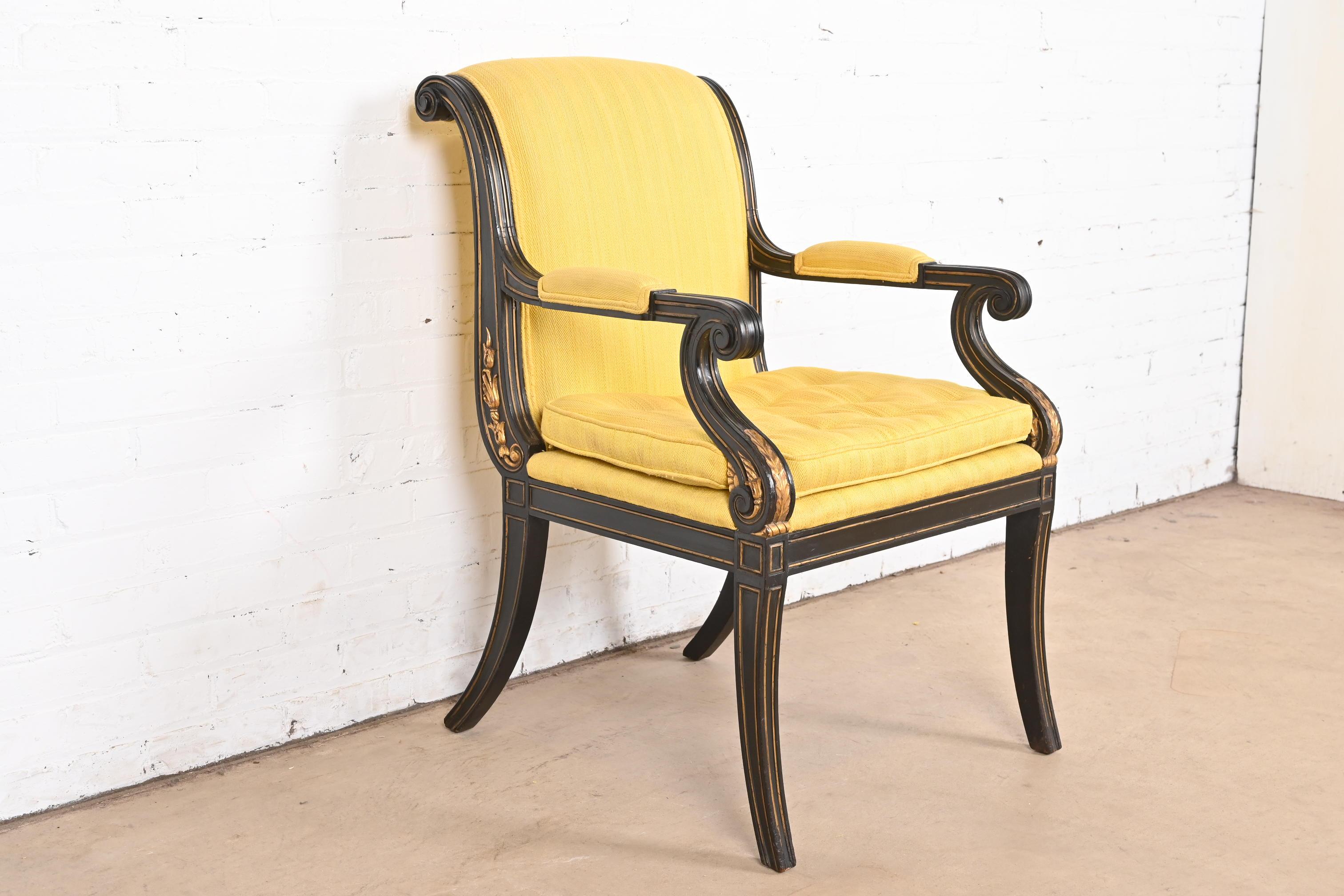 Upholstery Baker Furniture Style Regency Ebonized and Gold Gilt Armchair For Sale