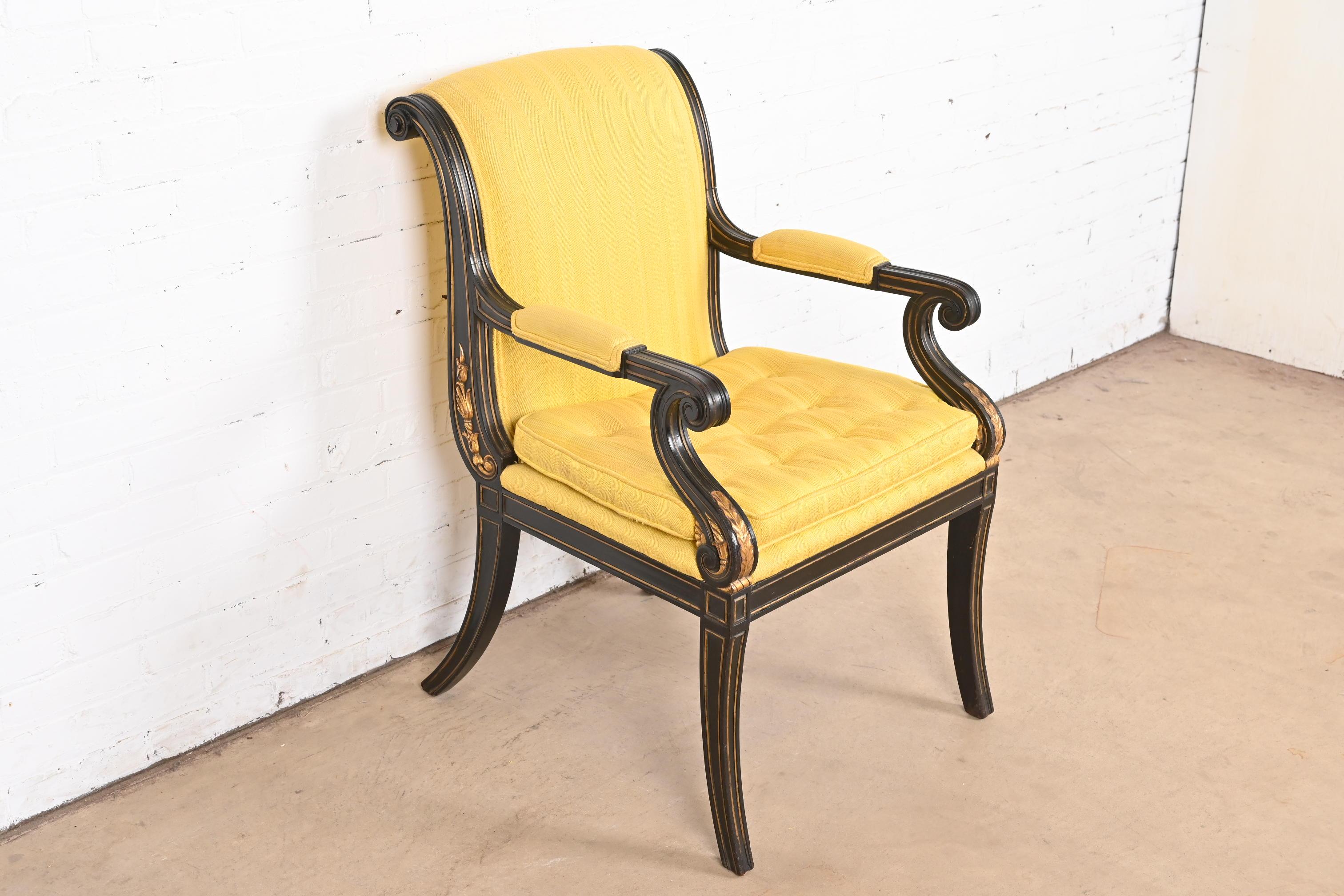 Baker Furniture Style Regency Ebonized and Gold Gilt Armchair For Sale 1
