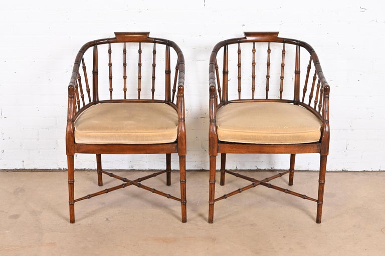 Baker Furniture Style Regency Faux Bamboo Armchairs, Pair In Good Condition For Sale In South Bend, IN