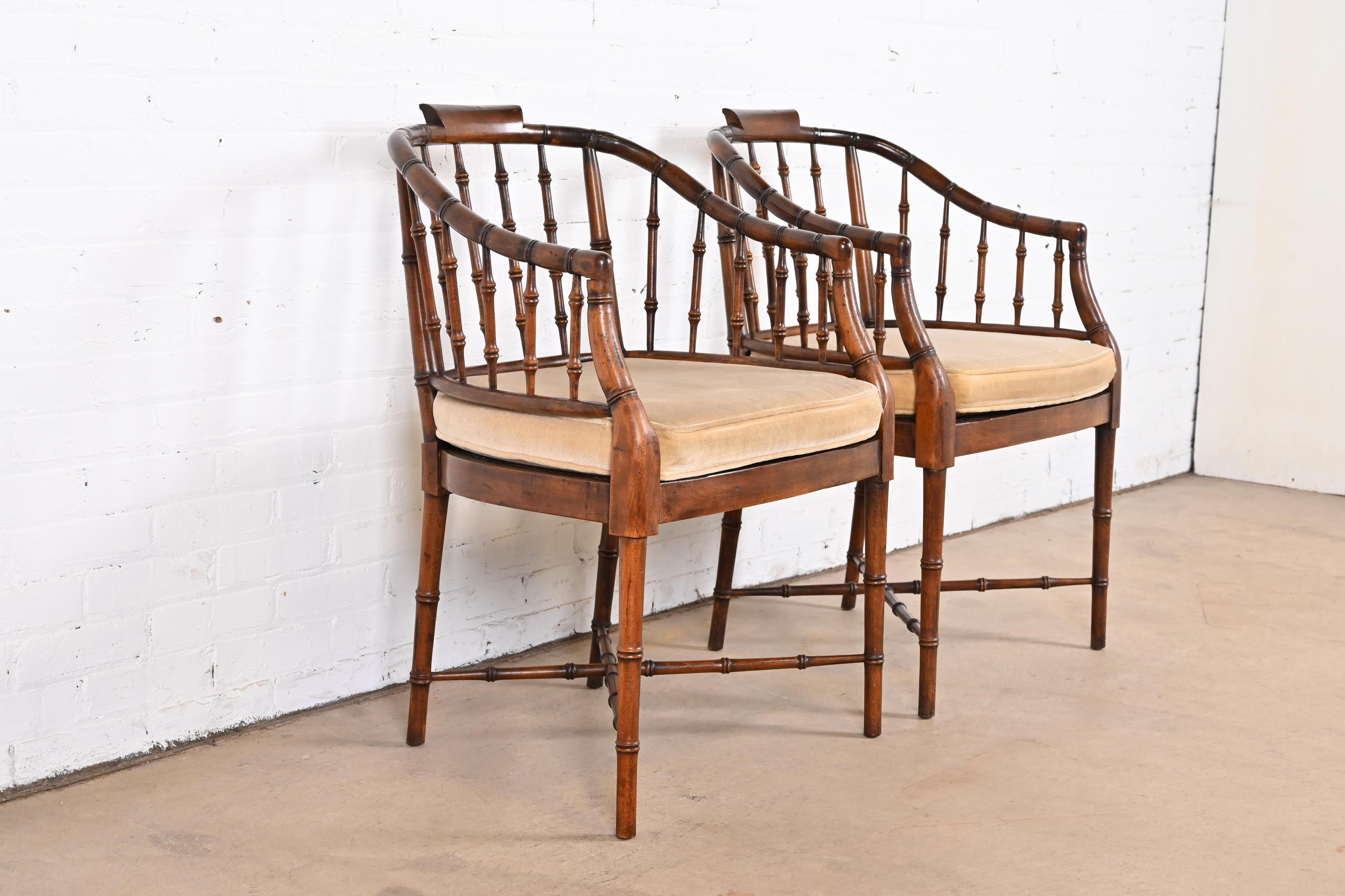 Mid-20th Century Baker Furniture Style Regency Faux Bamboo Armchairs, Pair