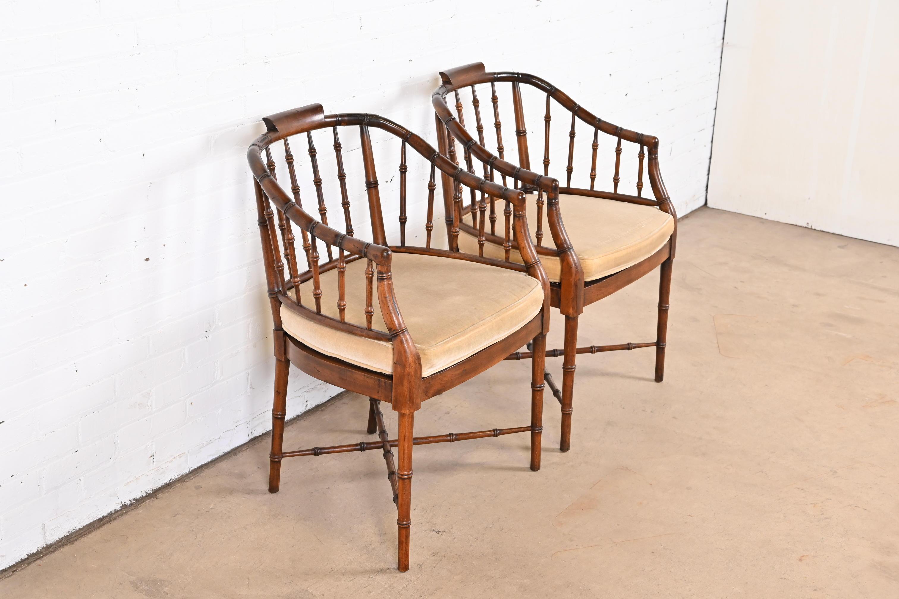 Upholstery Baker Furniture Style Regency Faux Bamboo Armchairs, Pair