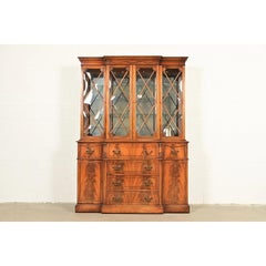 Baker Furniture Style Regency Flame Mahogany Lighted Breakfront Bookcase Cabinet