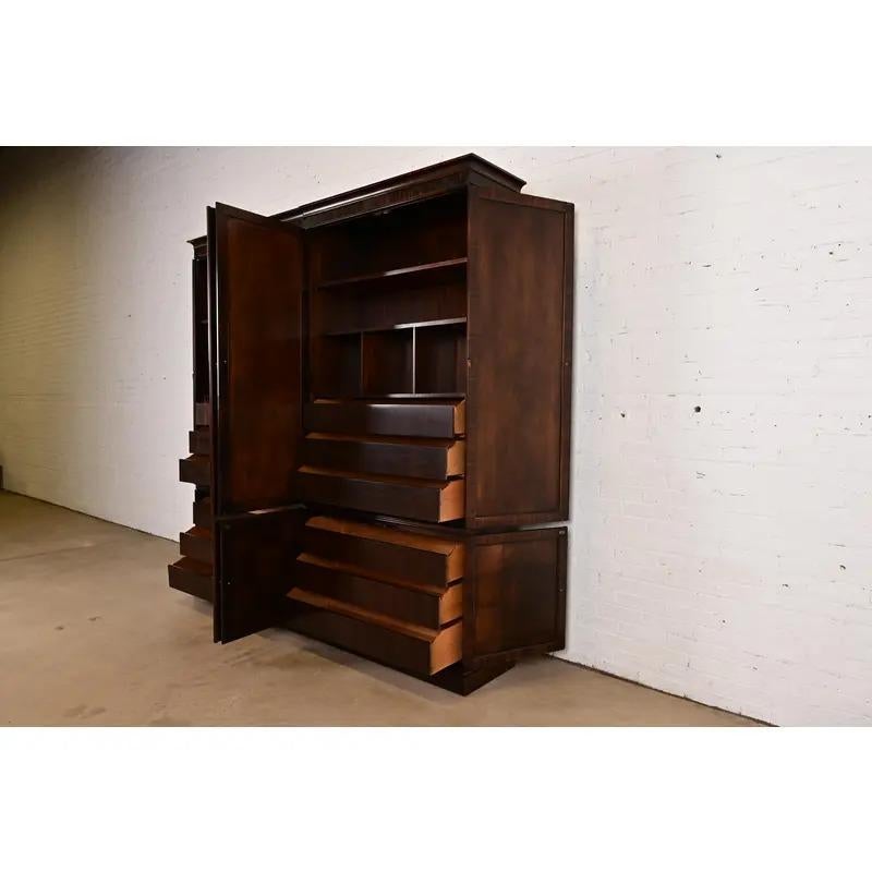 Brass Baker Furniture Style Regency Mahogany Double Armoire Dresser or Linen Press For Sale